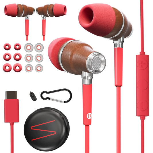 Symphonized Premium Wooden USB-C Wired Headphones for iPhone 17, 16, 15, Samsung & Android, Wired Earbuds USB C Headphones with Microphone & Volume