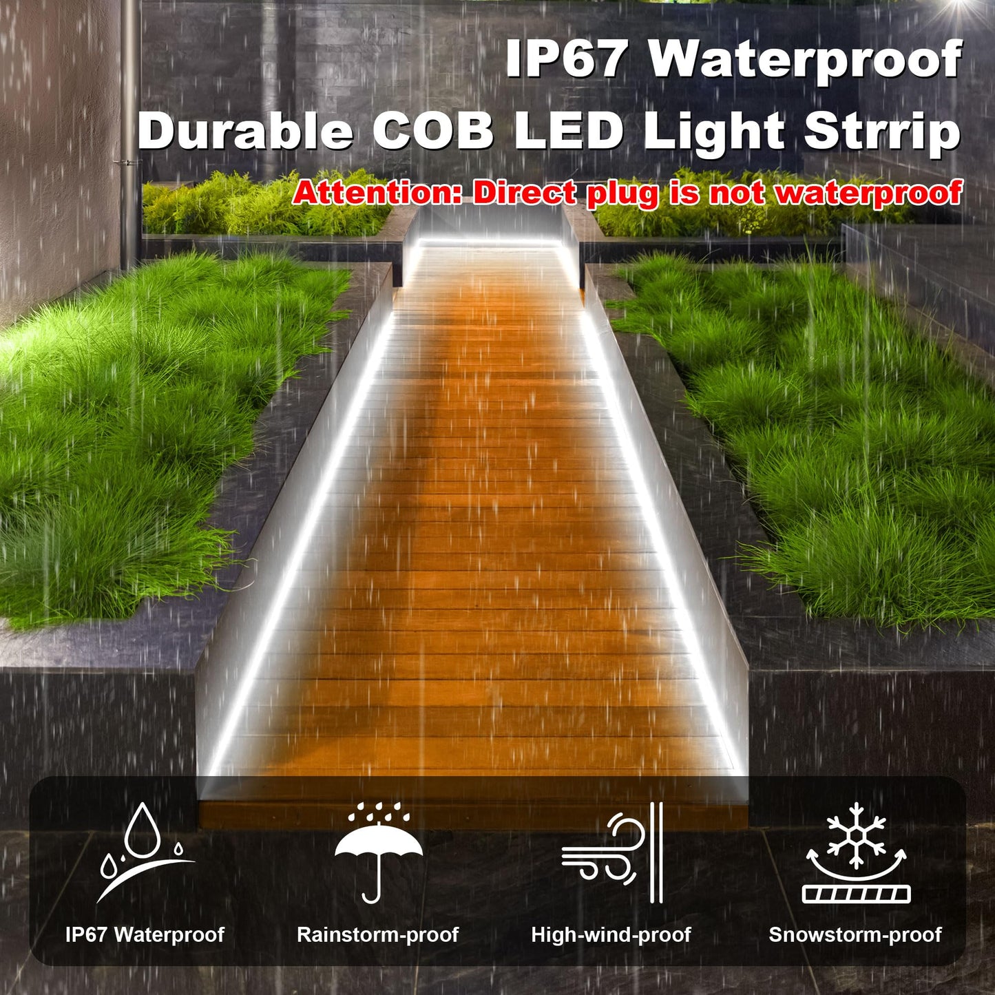 Gliztech IP67 Waterproof COB LED Strip Lights AC 110V-120V Direct Plug, 66FT Super Bright Outdoor Strip Lights with Double Fuse Controller, LED Strips