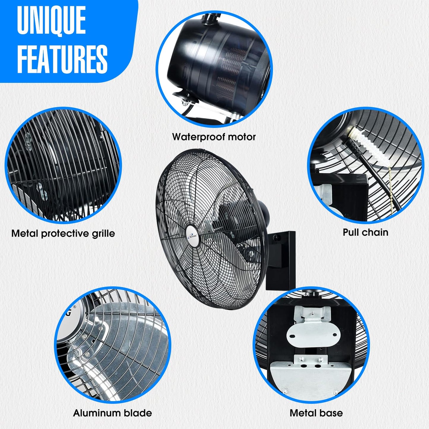 iLiving 20" Outdoor Oscillating High Velocity Wall Fan with 4750 CFM Heavy Duty Weatherproof Motor, Variable Speed Adjustment for Workshop, Garage