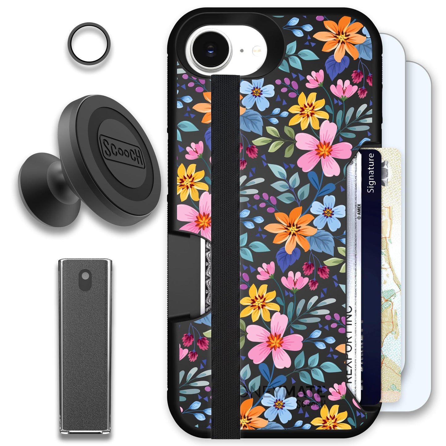 Scooch for iPhone 17e/16e Case with Card Holder, Moneymate [Defender Bundle] with 2 Screen Protectors, Camera Protector, Wingmount, Mounting Card