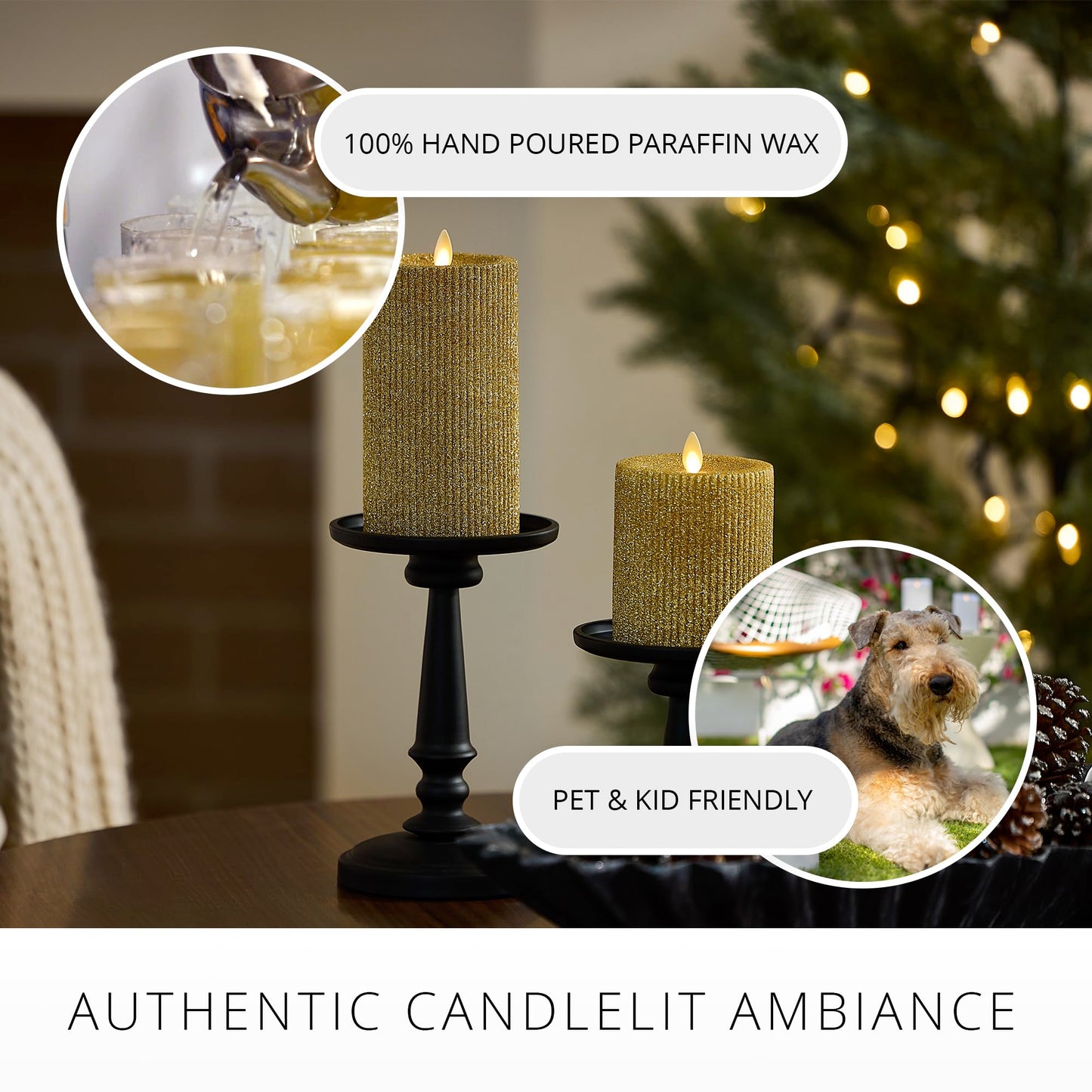 Luminara Rich Gold Glitter Ribbed Flameless LED Candle Moving Flame Pillar, Real Wax, Flat Top, Timer (3.25" x 6.5")