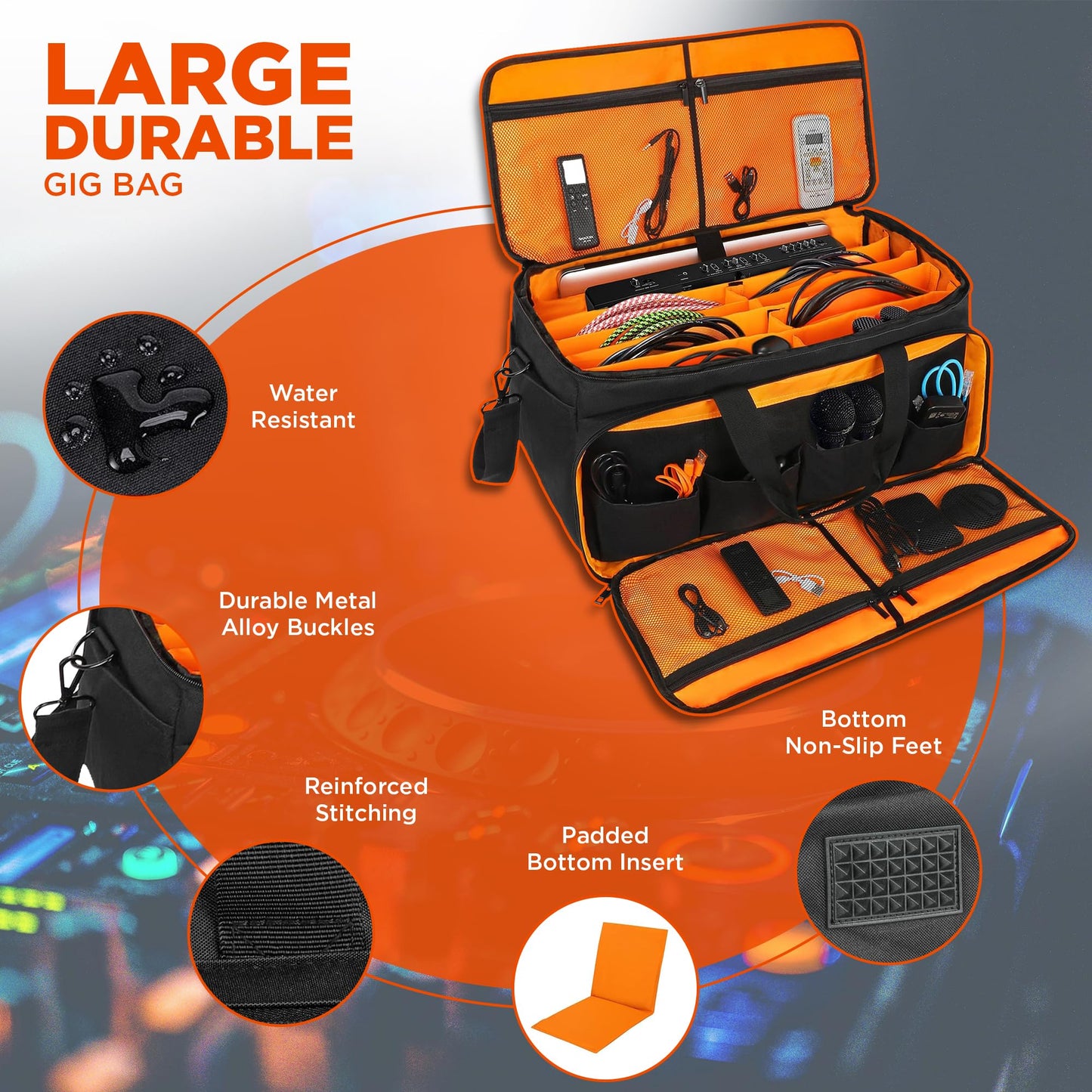 Talrizio Cable Bag Organizer & DJ Bag for Musicians: Heavy Duty Gig Bag with 17" Laptop Sleeve, Dividers for DJ Accessories, Gear & Cable Storage for