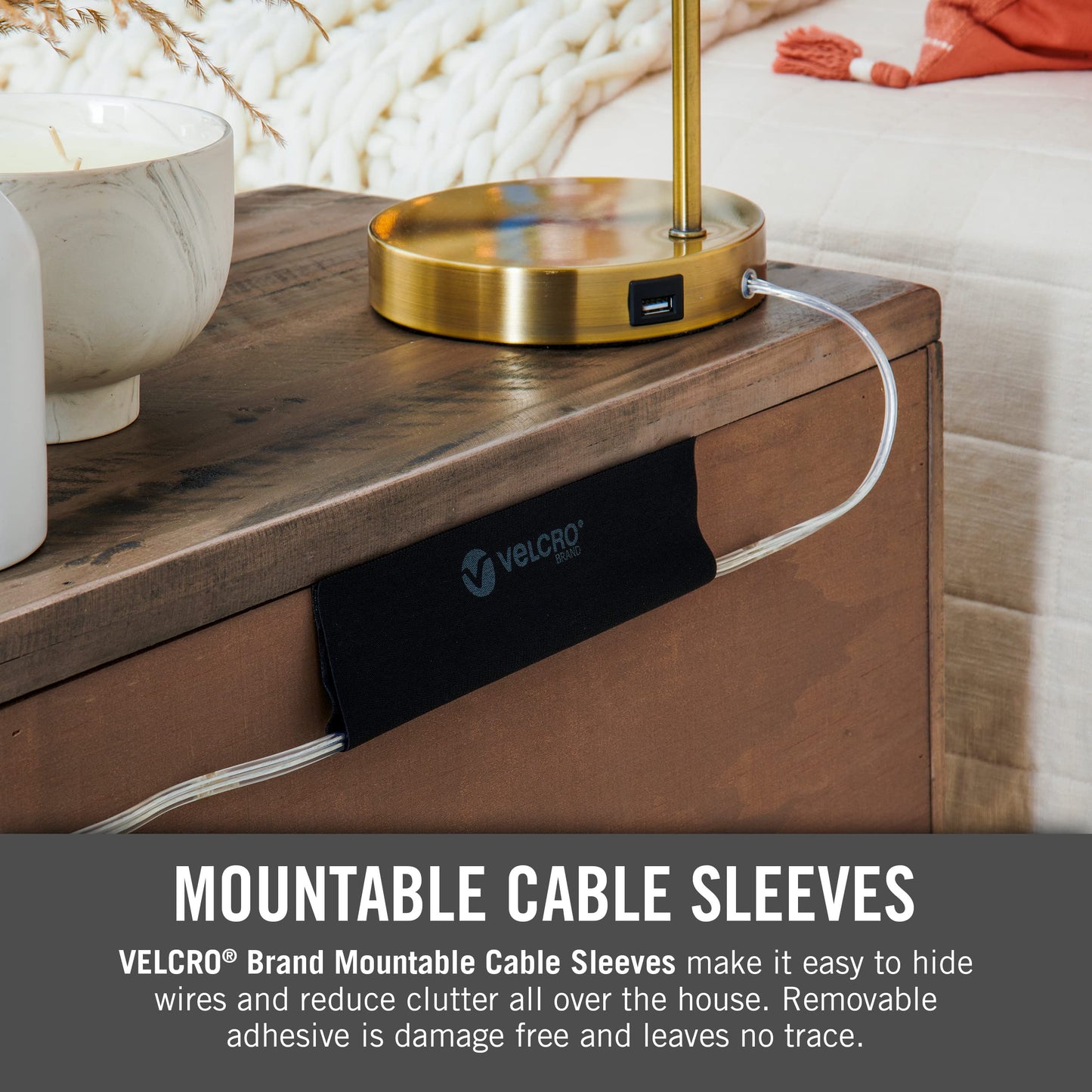 VELCRO Brand Mountable Cable Sleeve | Cord Management Mounts on Walls, Desk or Entertainment Center | Removable Adhesive is Damage Free | 8in Black