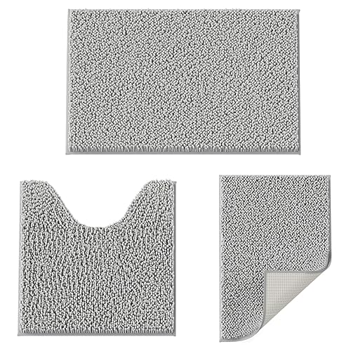 Bathroom Rugs Set 3 Pieces Extra Soft and Absorbent Shaggy Bath Rugs, Chenille Bathroom Mats, Non-Slip Plush Carpet Runner, Bathrooms Set with Toilet…