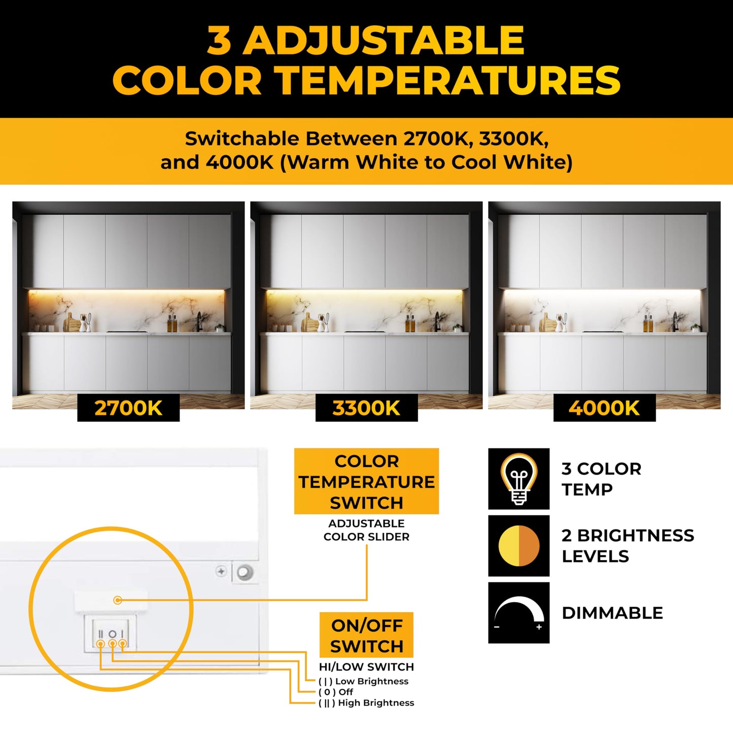 LED Under Cabinet Lighting Hardwired - 3CCT 9 Inch White Finish - Undercabinet Lights for Kitchen - Linkable Undercounter Dimmable Plug in Light or