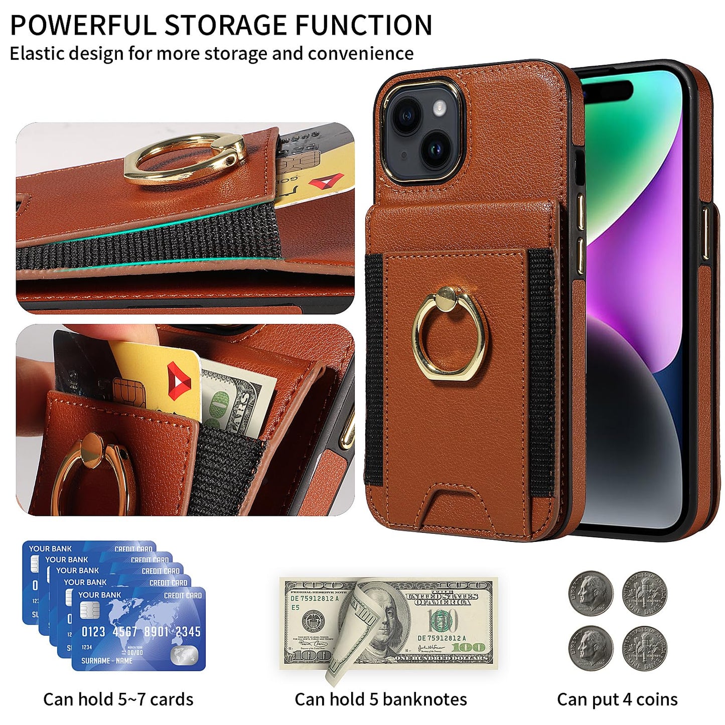 S. Tedazo for iPhone 15 Wallet Case with Credit Card Holder and 360° Rotation Ring Stand, RFID Block Flip Leather Shockproof Cover for iPhone 15-Brown