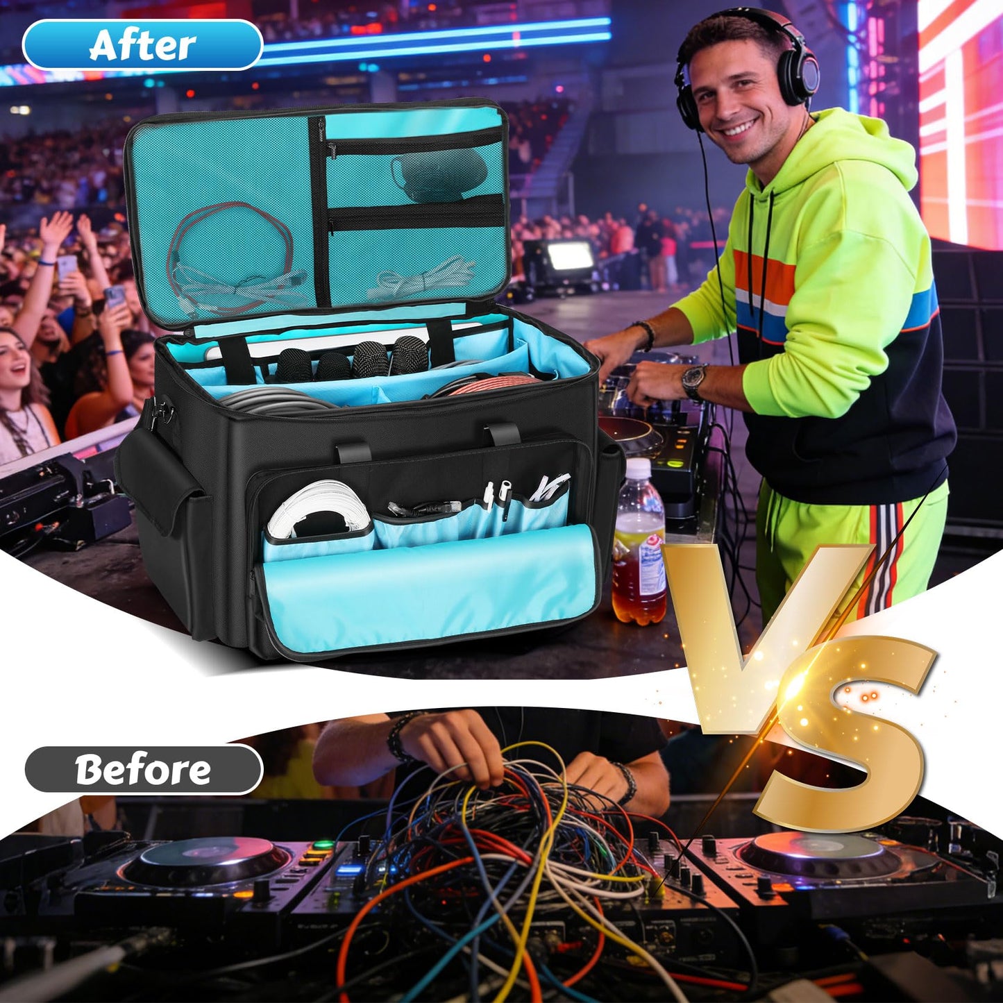 DJ Cable Bag, Rolling DJ Cable Bag with Detachable Trolley & Dividers, Large Capacity Gig Bag with Laptop Compartment, Professional Organizer Bag for