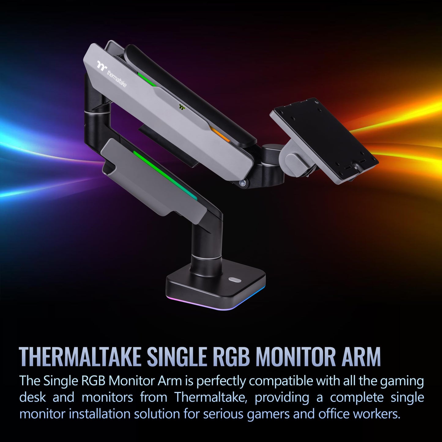 Thermaltake Single Heavy Duty RGB Monitor Arm for up to 49 inchs and 44 lbs Screen, 100 x 100 mm VESA Compatible, Wide Rage Movements