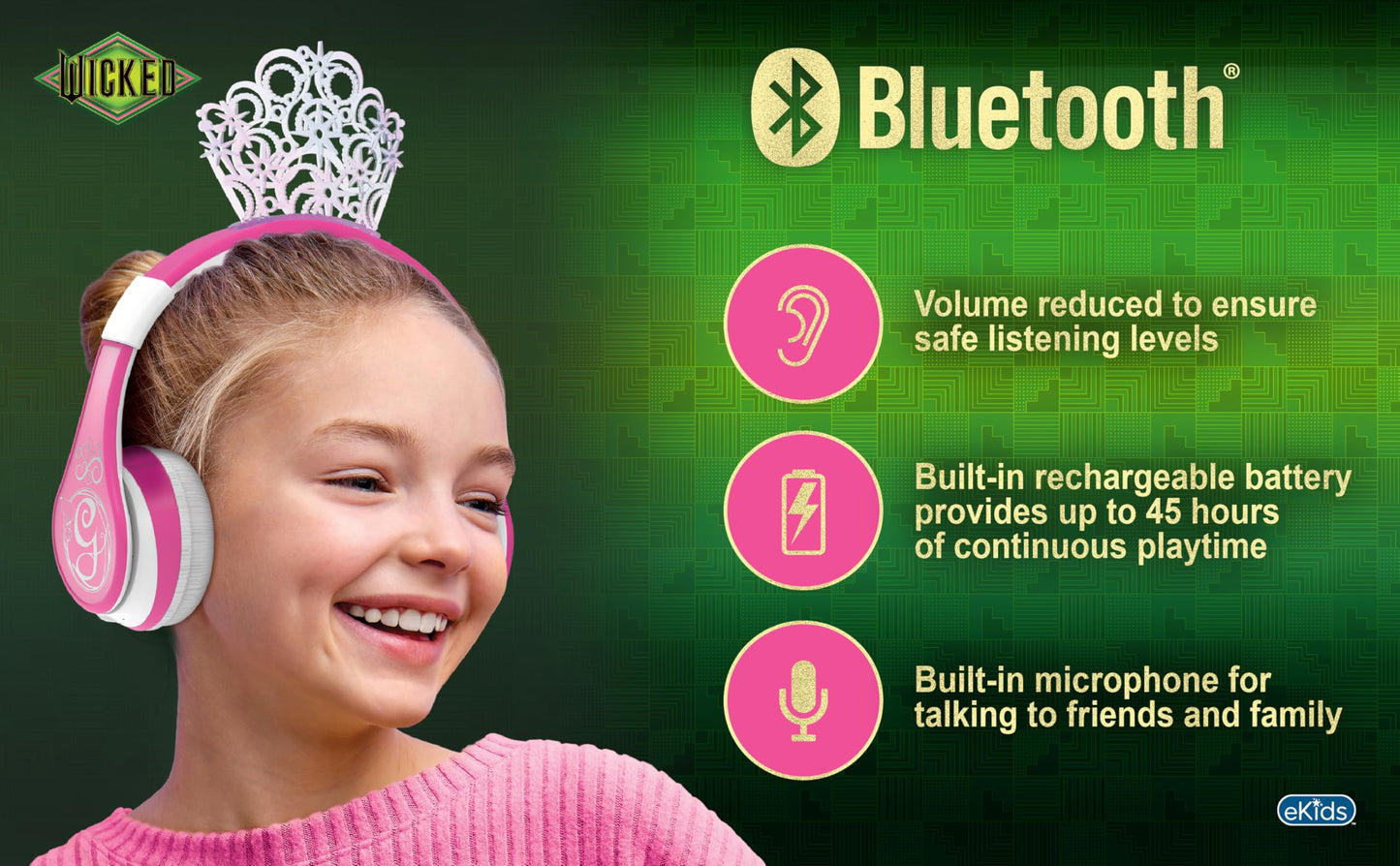 Wicked Glinda Bluetooth Headphones for Kids, Wireless Headphones for School, Home or Travel