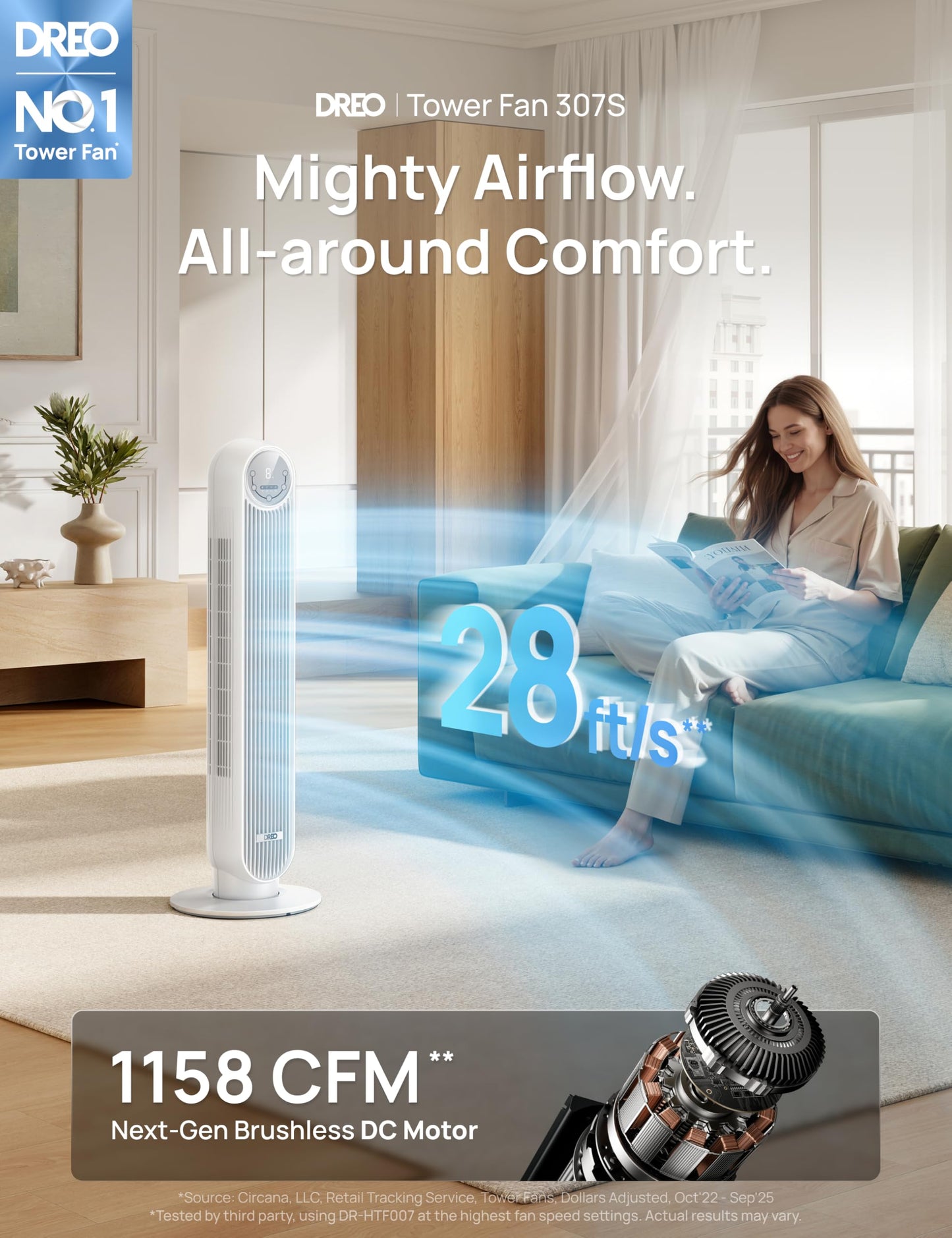 DREO Smart Tower Fan for Bedroom, 28ft/s Velocity, 8 Speeds Ultra Quiet Fan