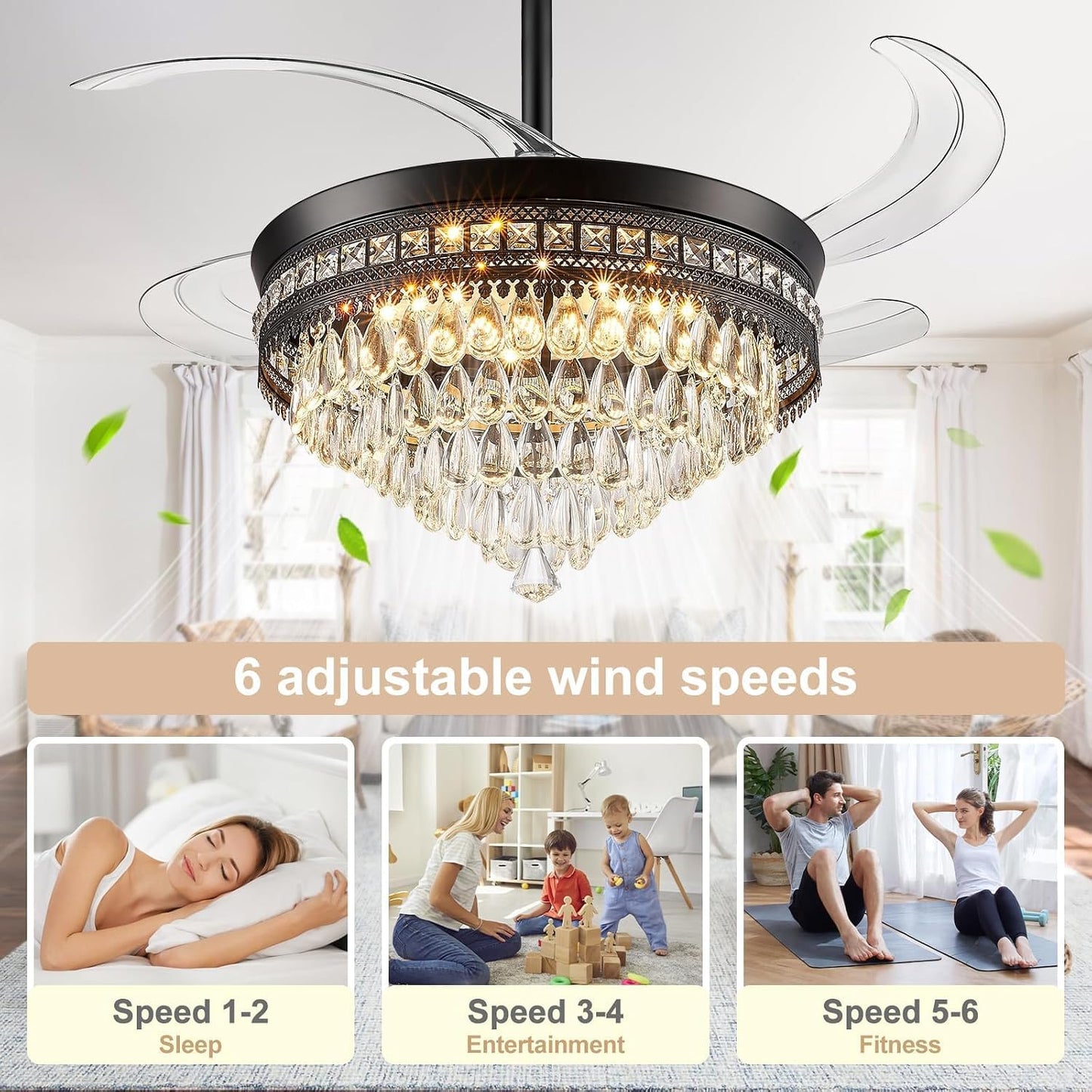 48''Fandelier Ceiling Fan with Light,3 Color Temperature/6 Wind Speed