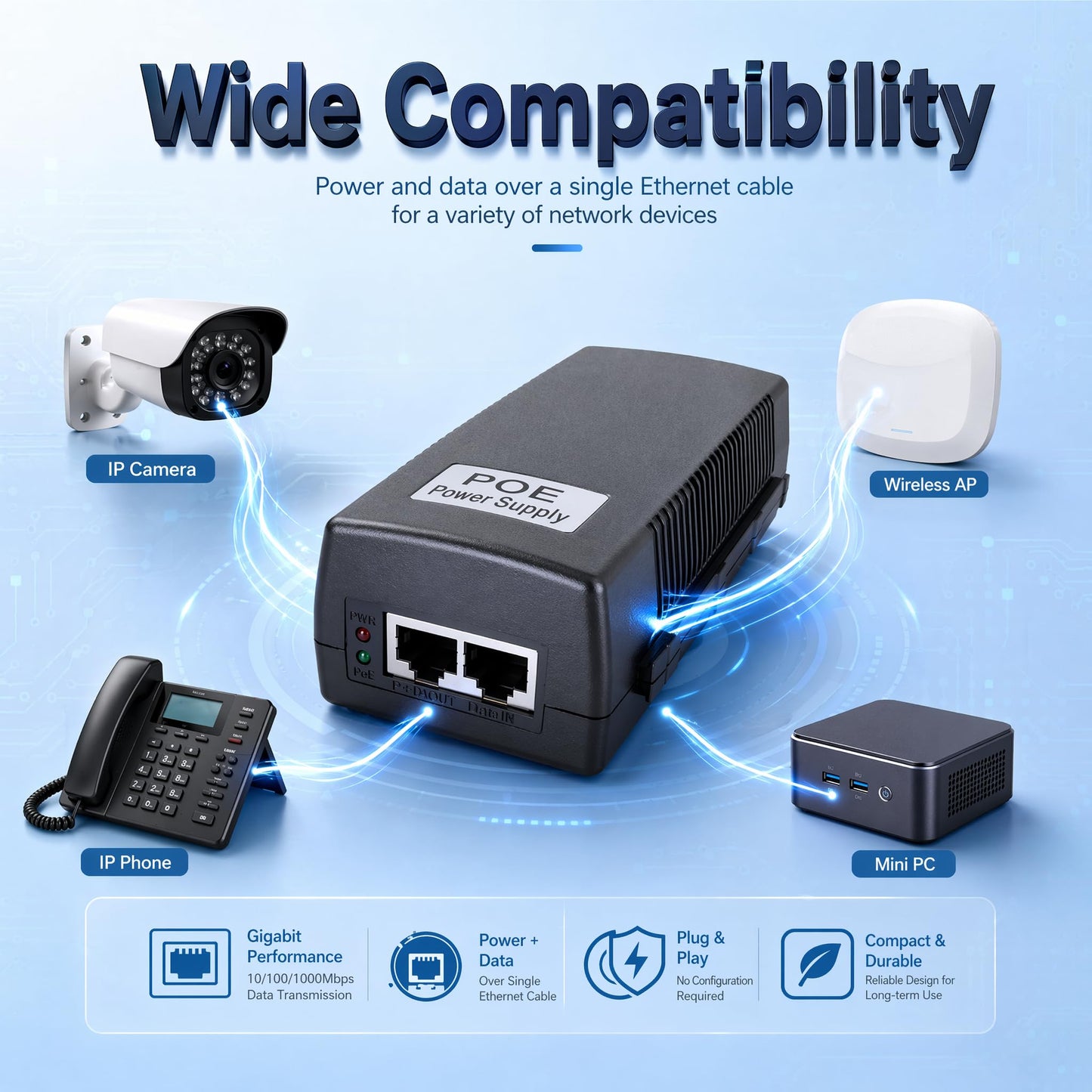 30W Gigabit PoE Injector, IEEE 802.3at/af Compliant, 48V 0.65A PoE Power Supply for IP Camera Wireless AP VoIP Phone 1000Mbps PoE Injector Adapter