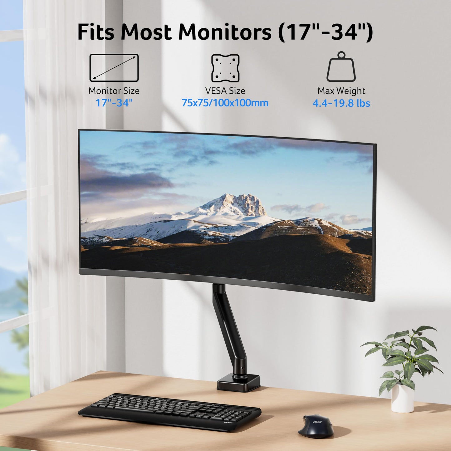 Acer Single Monitor Mount, Fully Adjustable Monitor Arm Fits 17 to 34 Inch Screens, Gas Spring VESA Mount with C-Clamp & Grommet Base, Computer Desk
