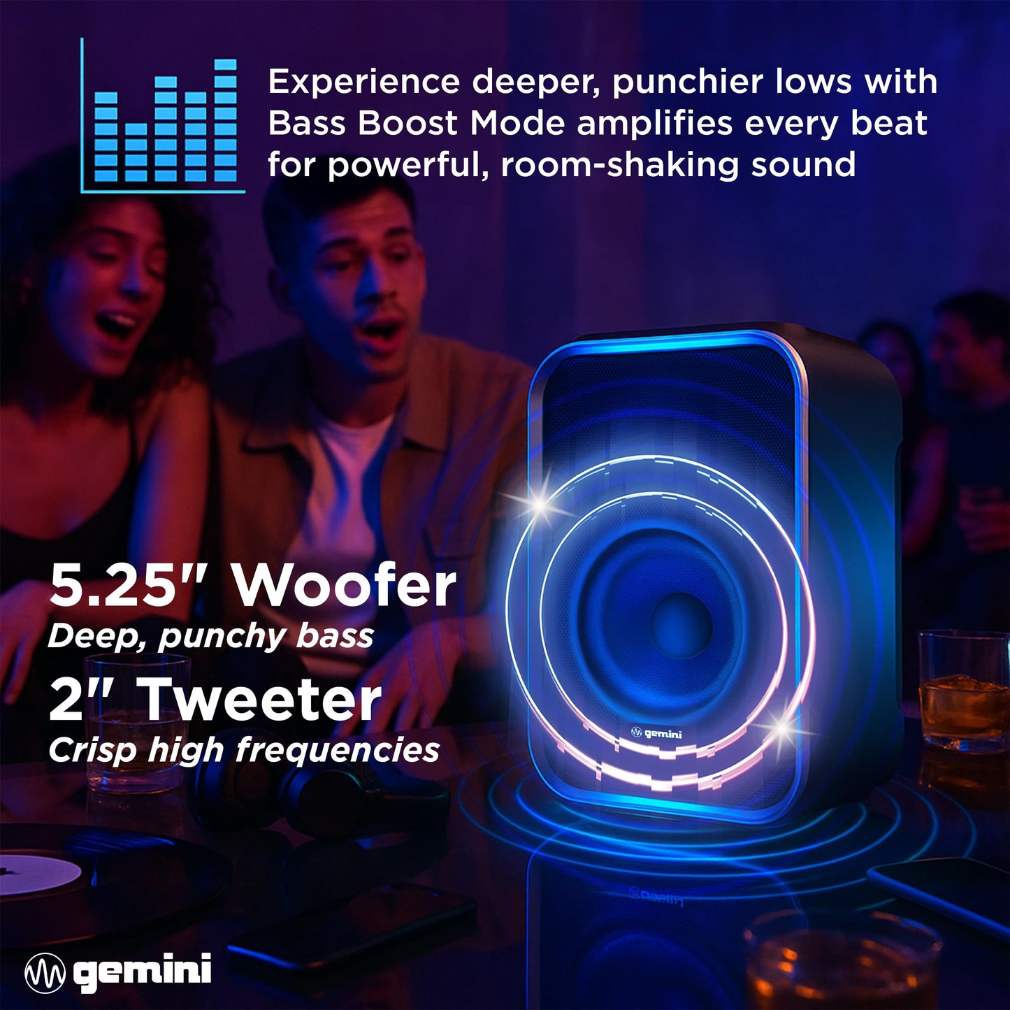 Gemini Portable Bluetooth Party Speaker with LED Lights, 6Hr Battery, IPX5 Waterproof, USB/AUX/FM Radio for Outdoor BBQ Pool Parties (GNV-60)