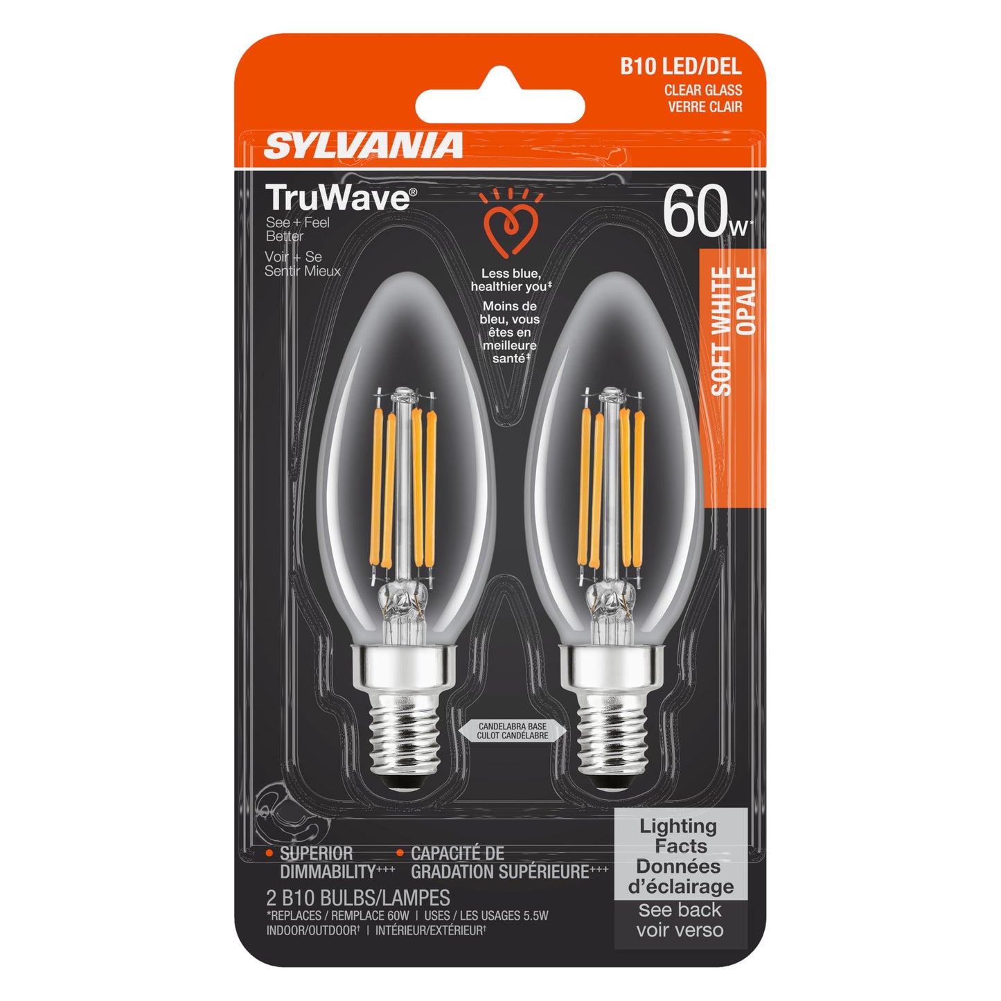 Sylvania LED TruWave Natural Series Décor B10 Light Bulb, 60W Equivalent Efficient 5.5W, Candelabra Base, Dimmable, Clear 2700K, Soft White - 2 Pack