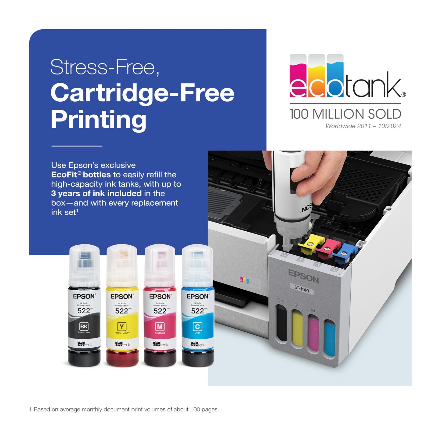 Epson EcoTank ET-1910 Wireless Color Supertank Printer with up to 3 Years of Ink, Refillable Tanks, Perfect for Home, 11 PPM, 100-Sheet Paper Tray