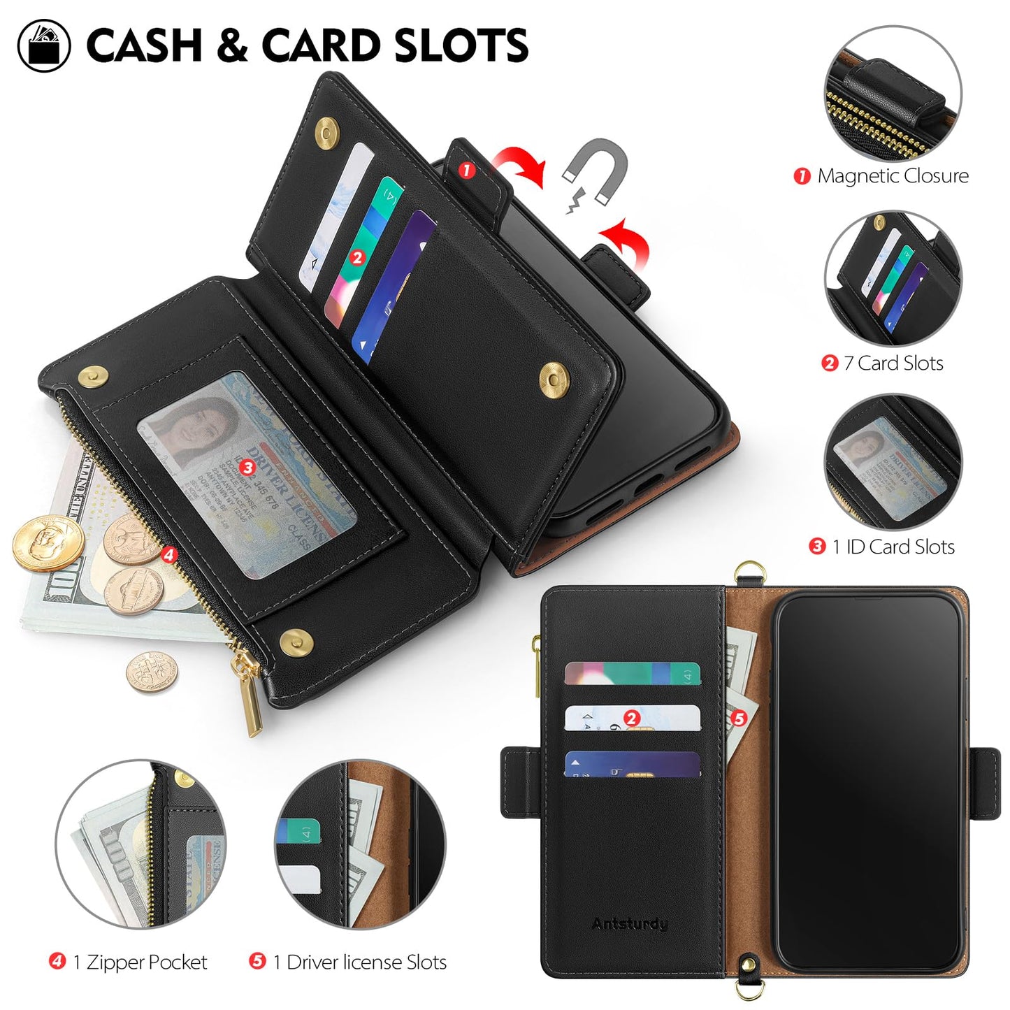 Antsturdy Compatible with Magsafe Magnetic 2 in 1 Detachable iPhone 17e / 16e Wallet Case with Credit Card Holder Slots,PU Leather Flip RFID Blocking