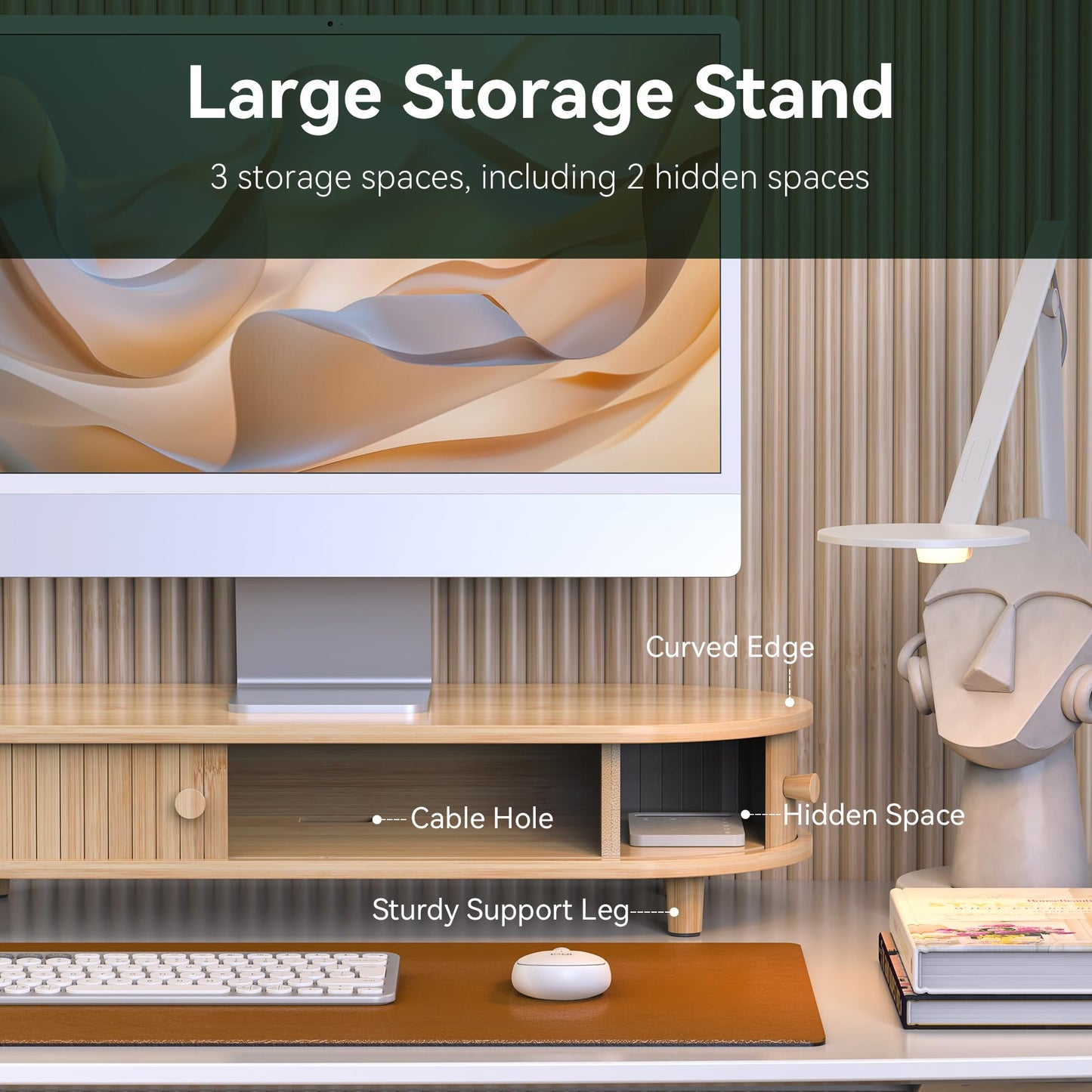 WELL WENG Bamboo Monitor Stand with Storage, Curved Computer Laptop Stand Desk Shelf Organizer with Sliding Doors (25 inch)