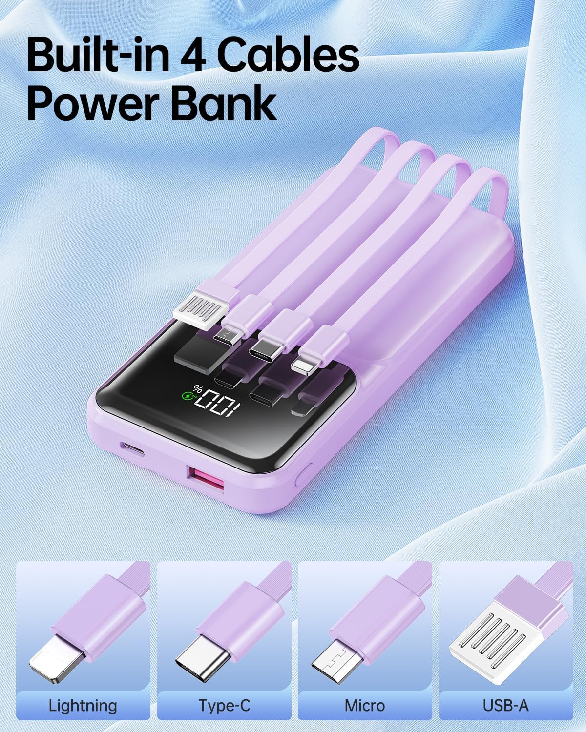 RONEGN Portable Charger with Built in Cable - 22.5W Power Bank Fast Charging USB C LED Display 10000mAh Travel Battery Pack 5 Outputs & 3 Inputs