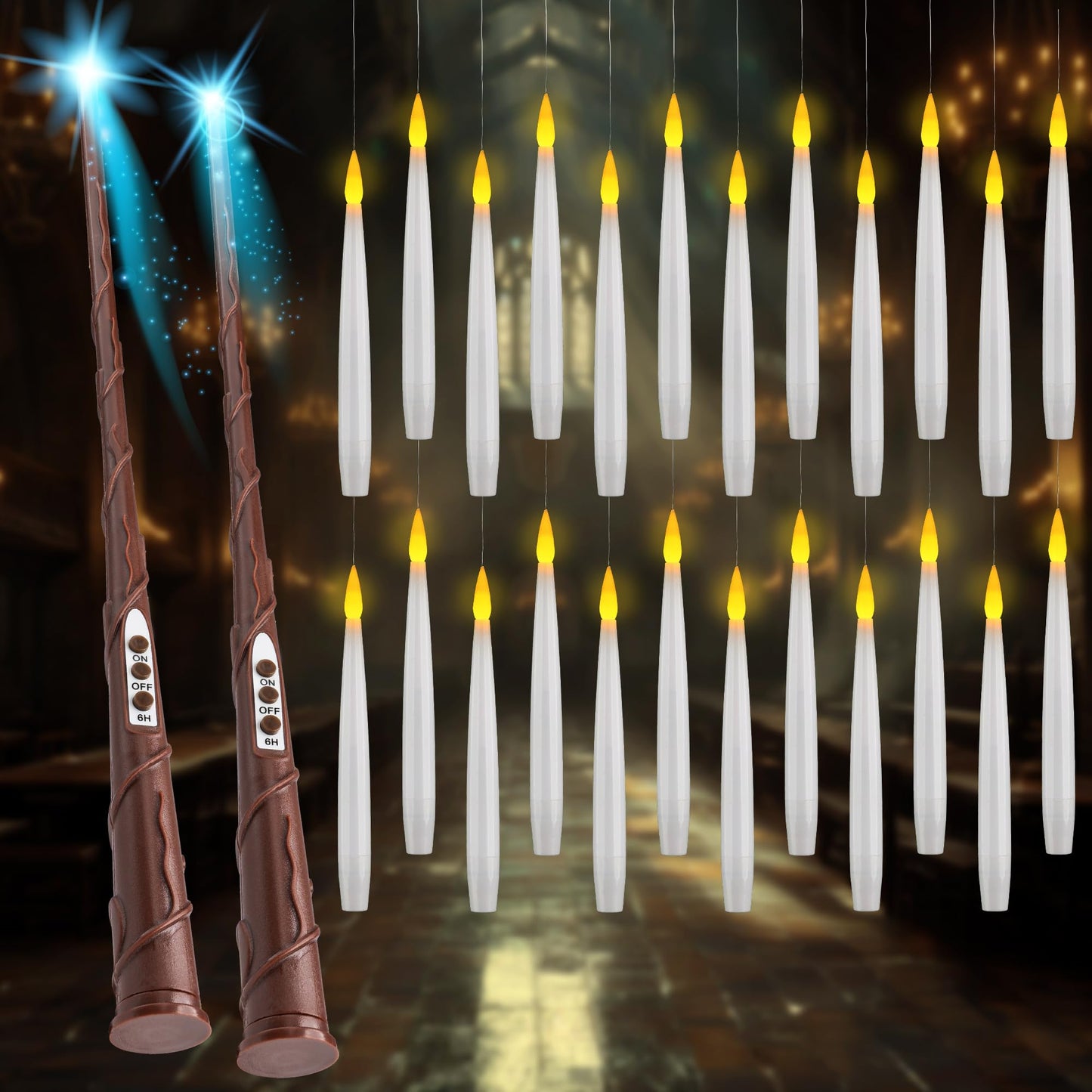 WYZworks 24pk Magical Floating LED Candle with 2 Wand Remote (6/18H Timer), 6.1" Hanging Flameless Flickering Taper Candles Battery Operated
