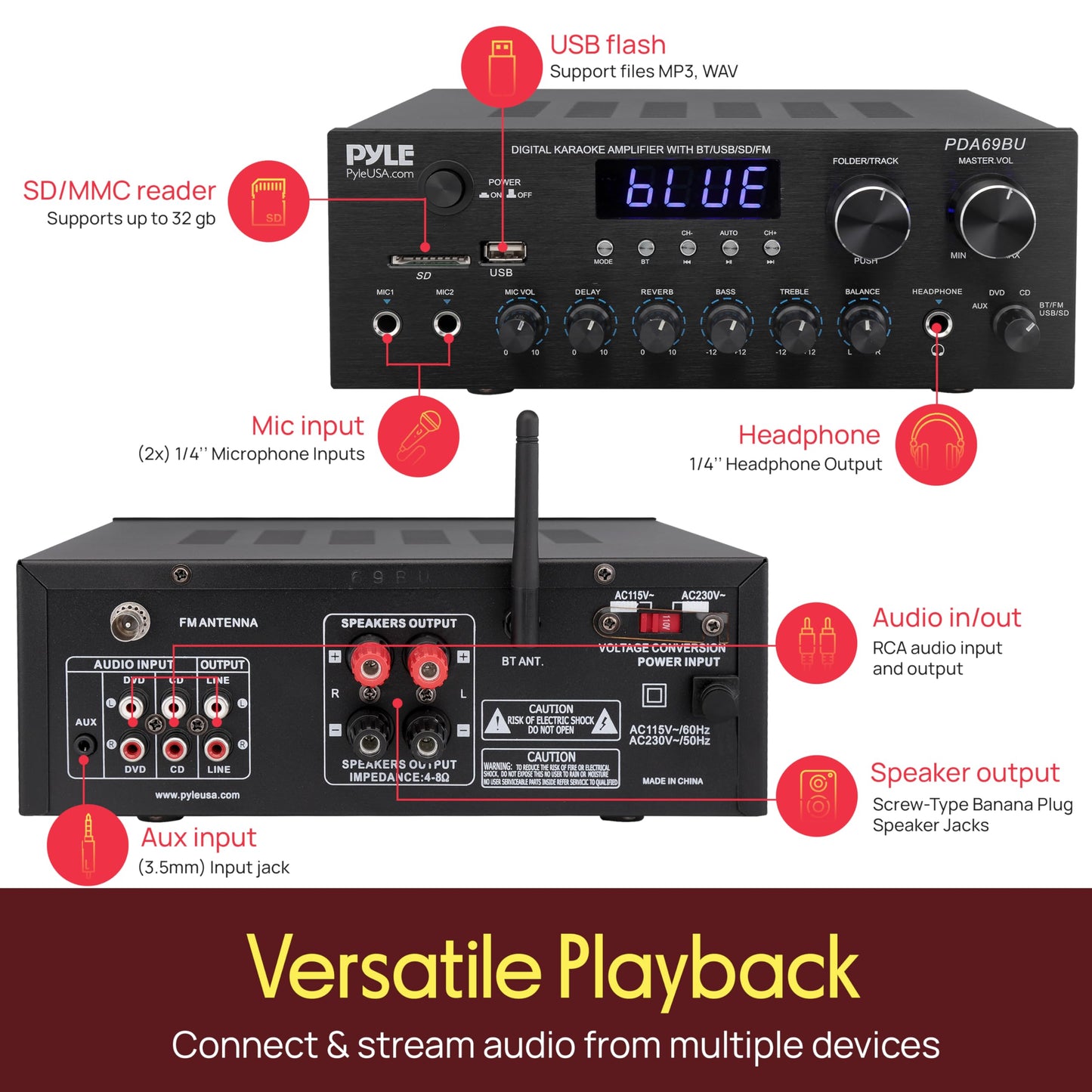 Pyle Home Karaoke Amplifier Receiver with Bluetooth Streaming, 200 Watt Peak, Dual Mic Inputs with Delay and Reverb, 2.0 Channel Hi Fi Sound System