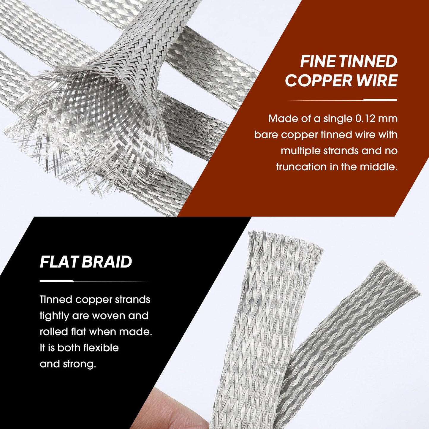 Wire Shielding Sleeve Tinned Copper Braid Ground Straps Cable Sheathing Protection Flat Metal Mesh Flexible Expandable (1/4 in Wide(0.16 in Dia)-15ft)