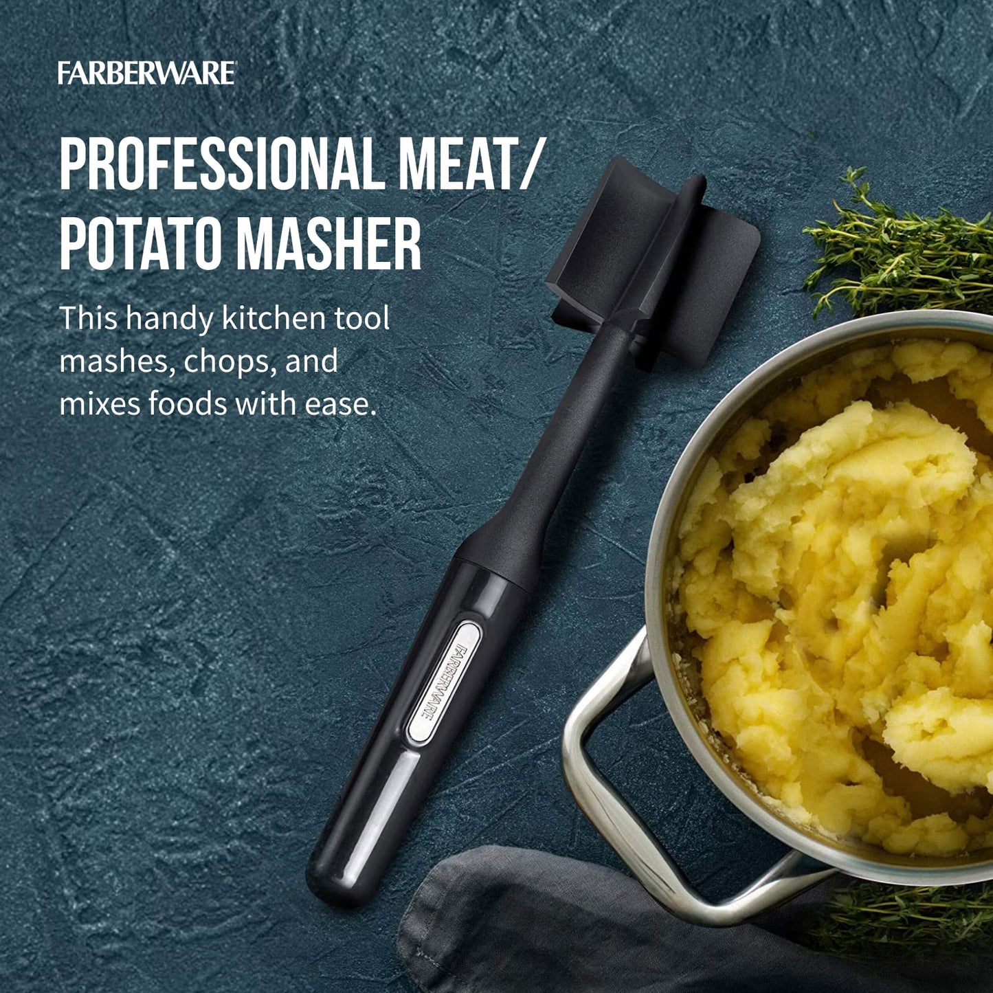 FARBERWARE 10-Inch Nylon Meat & Potato Masher – Heat-Resistant, Non-Stick Safe, Durable Kitchen Tool with Ergonomic Handle, Black