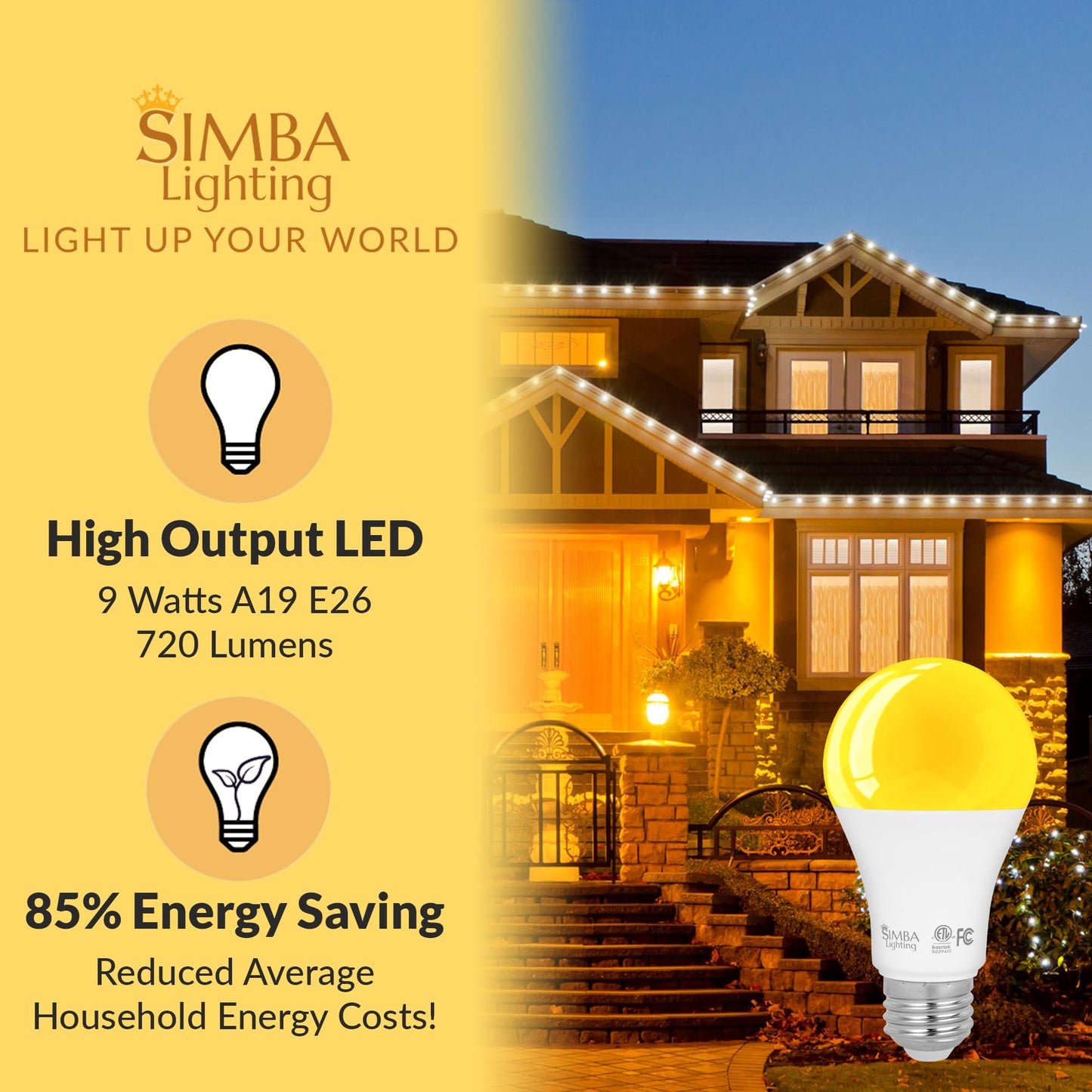 Simba Lighting LED Bug Non-Attracting A19 Yellow Bulb ETL Listed 9W, 4 Pack