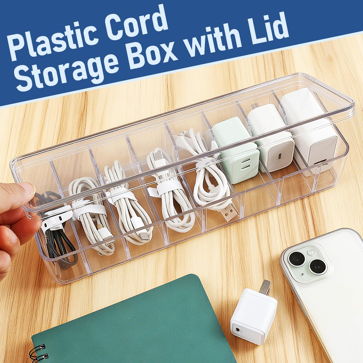 PIEMEET 4 Pack Cable Organizer Box, Plastic Cord Storage Box with Lid, Clear Cord Organizer with 8 Compartments and 40 Wire Ties, Charger Organizers