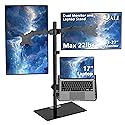 WALI Dual Monitor Stand with Laptop Holder, Height Adjustable Laptop Stand for Desk, Fits up to 27 inch Monitors and 17 inch Laptops, Freestanding