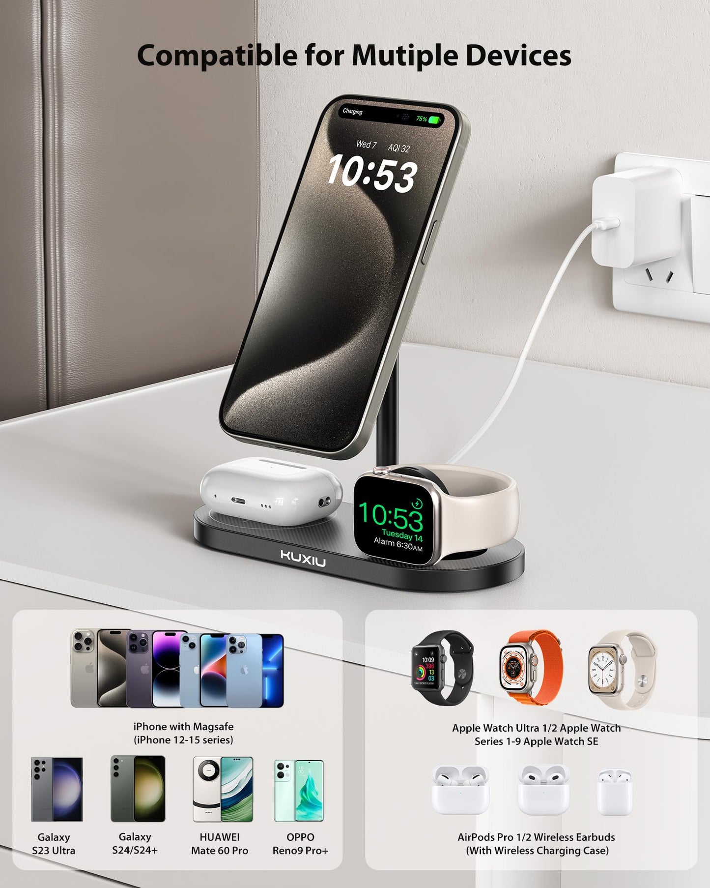 KU XIU Aluminum Alloy 3 in 1 Charging Station for Apple, Magnetic Wireless Charger Stand for iPhone 16/15/14/13/12 Series, 5W Fast Wireless Travel