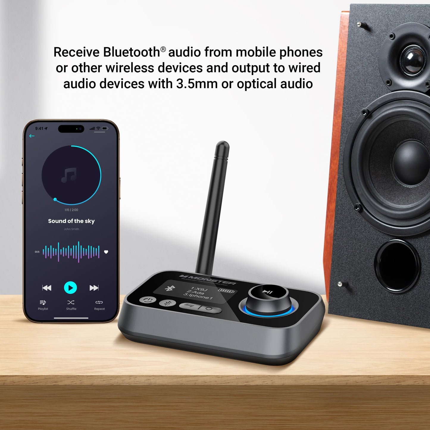 Monster Bluetooth Transmitter & Receiver, 2-in-1 Bluetooth Audio Adapter, Stream to/from NonBluetooth Devices, Stream TV to 2 Headphones, 33 ft Range