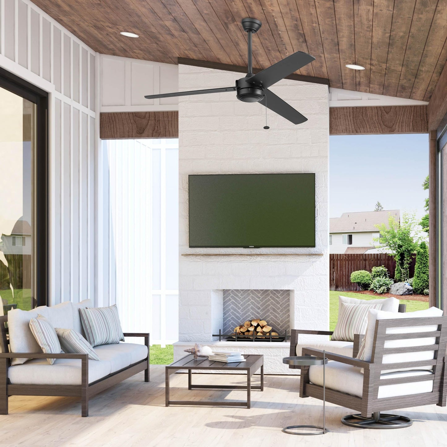Prominence Home Tenant, 52 Inch Contemporary Indoor Outdoor LED Ceiling Fan, No Light, Pull Chain, Dual Mounting Options, 3 Dual Finish Blades