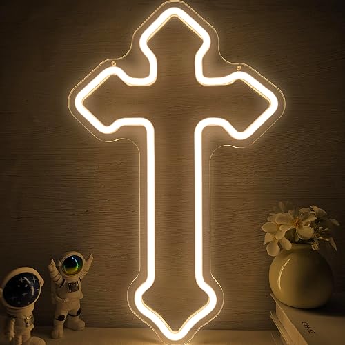 OvoNinn Cross Neon Sign Jesus Neon Lights Signs LED Light Sign for Wall Decor Dimmable Neon Cross Sign for Bedroom Living Room Wedding Warm White