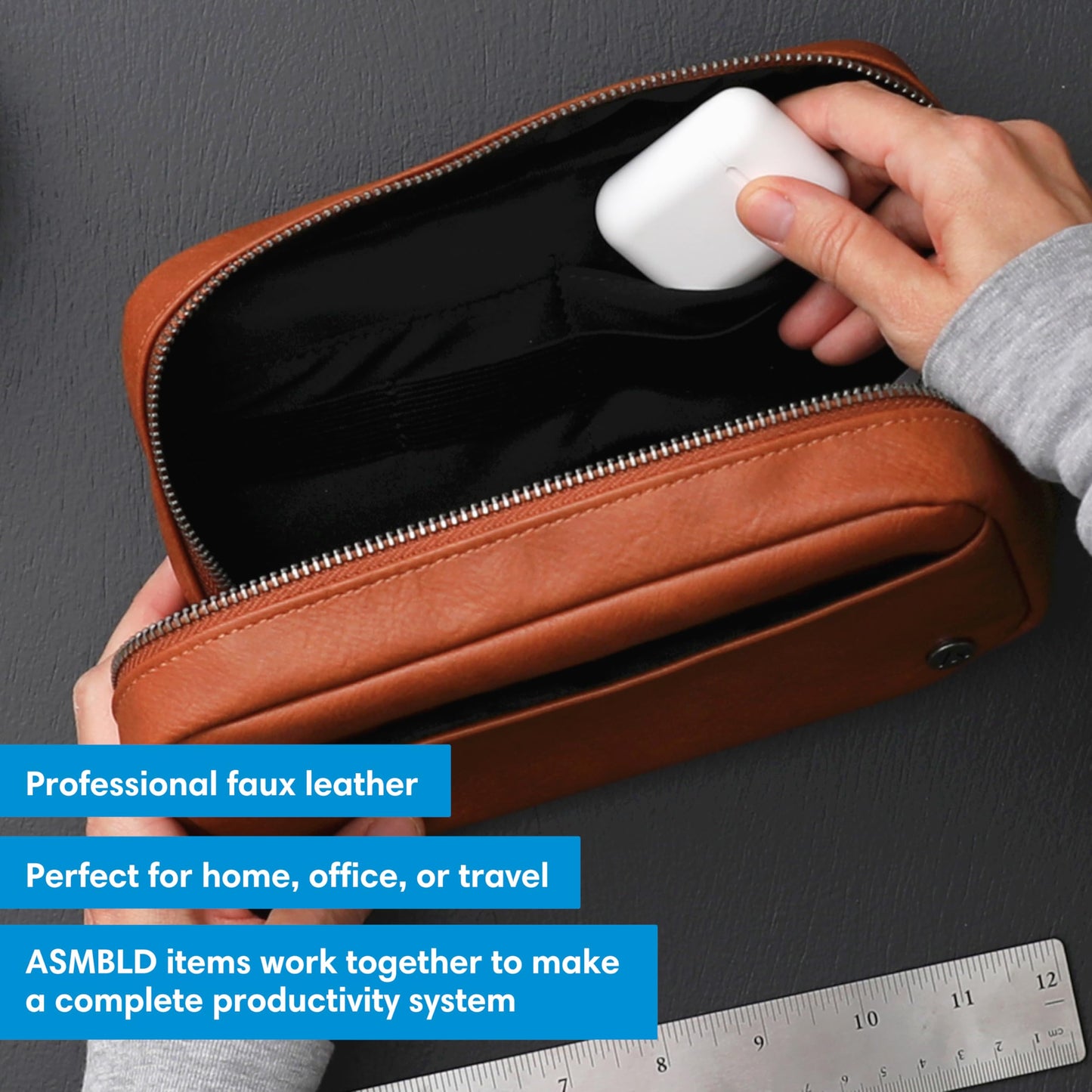 Blue Sky ASMBLD Tech Organizer, 8" x 4.5" x 2", Faux Leather, Non-Dated, Zip Closure, Travel Cable Organizer for Cords, Chargers, and Accessories (Zip