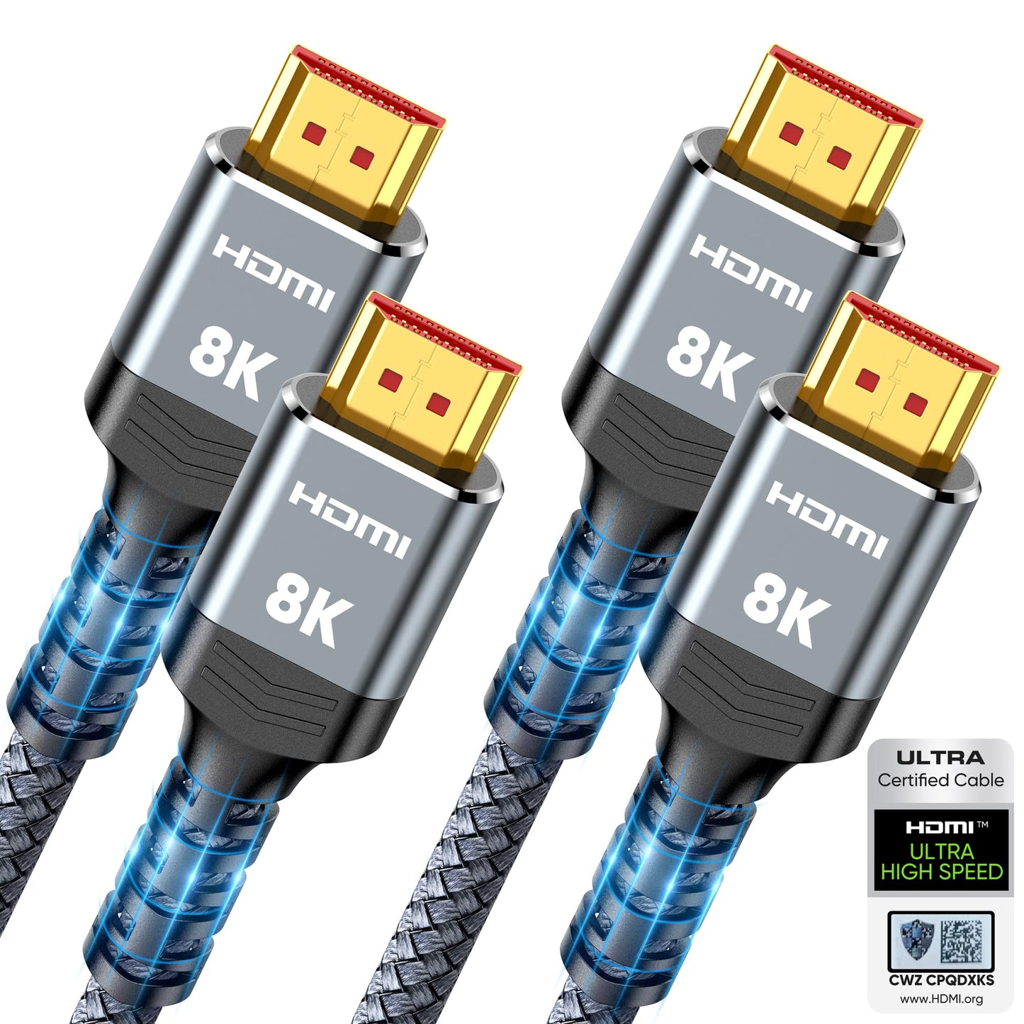 10K 8K HDMI 2.1 Cable 2-Pack 6.6FT, Highwings Certified 48Gbps Ultra High Speed Slim HDMI Cord,Support 4K@120Hz 8K@60Hz, HDCP 2.2&2.3, Dynamic