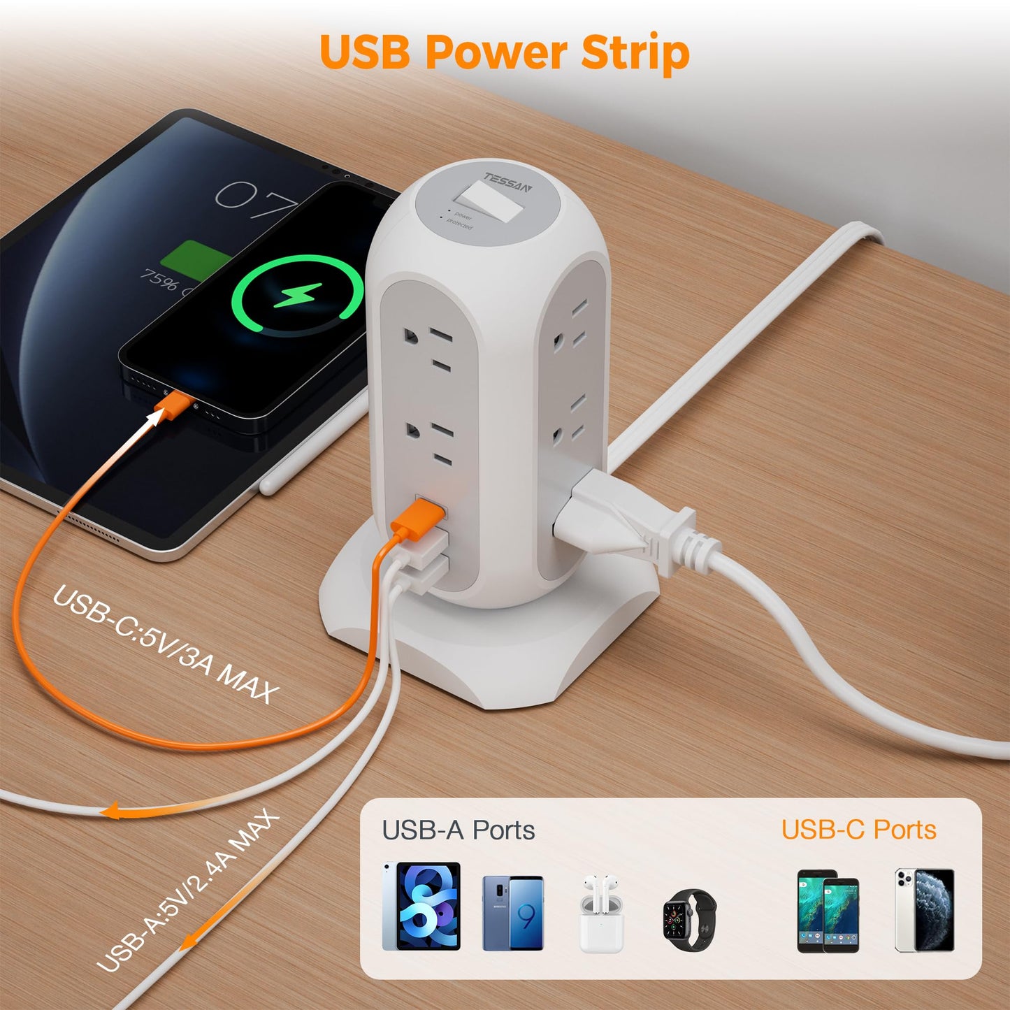 Tower Power Strip Flat Plug with 11 Outlets 3 USB (1 USB C), TESSAN Surge Protector Tower 1625W/13A,1050J Protection, 6 Feet Extension Cord