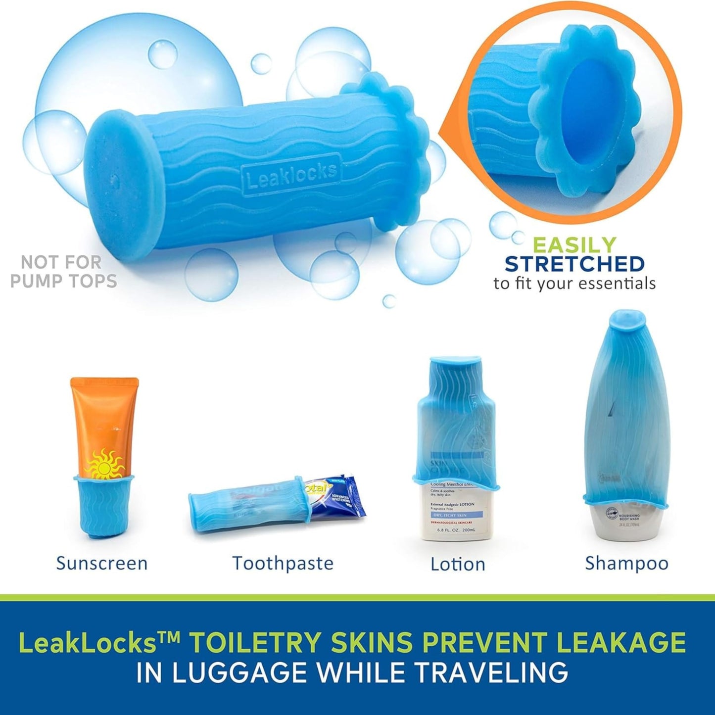 LeakLocks Toiletry Skins – Reusable Elastic Sleeves for Leak-Proofing Travel Containers, Fits Standard & Travel Size Toiletries in Luggage & Bags