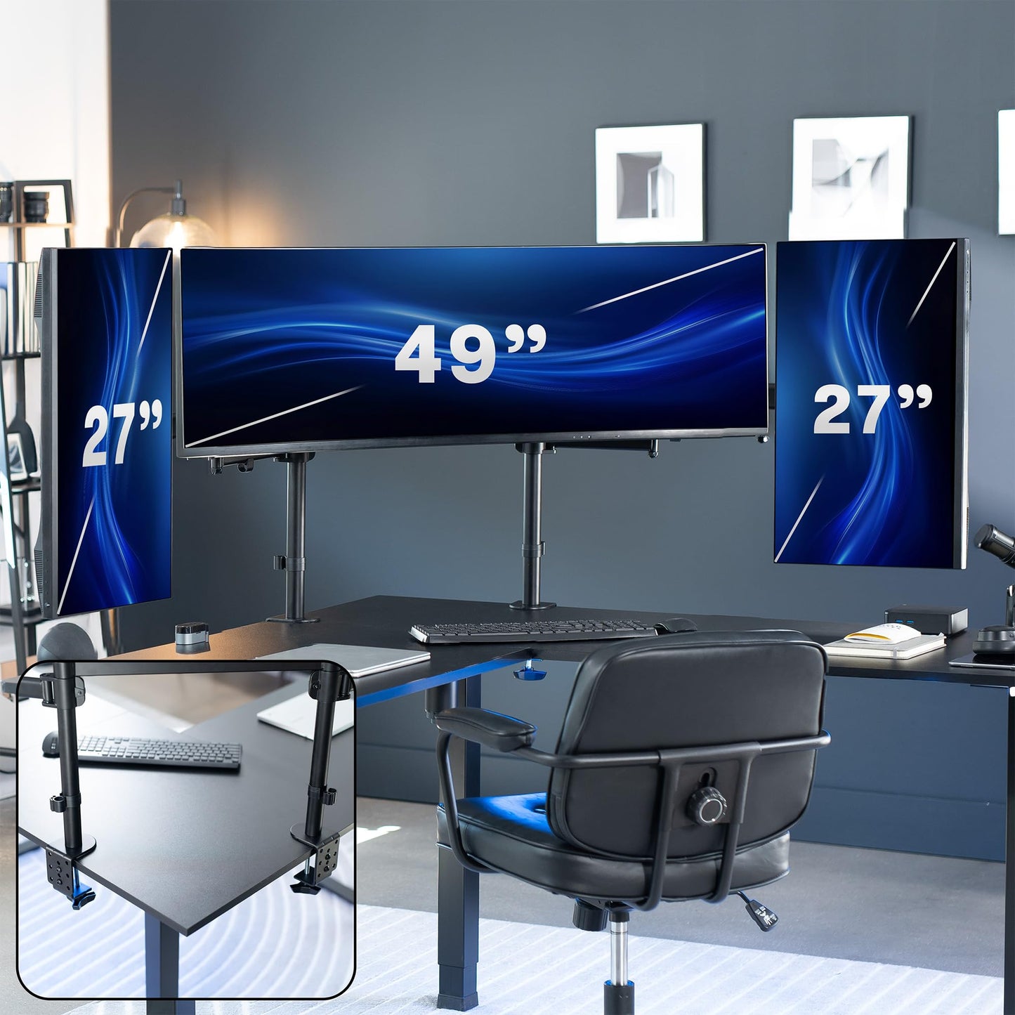 VIVO Clamp-on Dual Pole Triple Monitor Desk Mount for 1 Center Utrawide up to 49 inches and 59.4 lbs, 2 Side Screens up to 38 inches and 17.6 lbs, Low