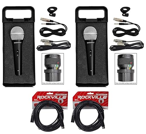 Rockville RMC-XLR Bundle: (2) High-End Metal Handheld Wired DJ Microphones with Neodymium Magnet, (2) RCXFM20E-B 20Ft 100% OFC Nickel Plated XLR