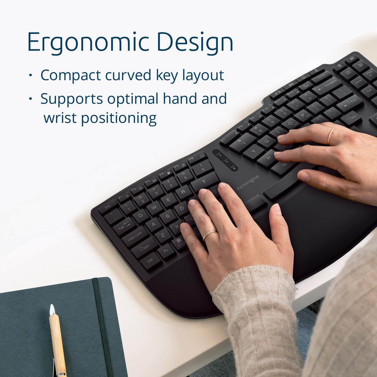 Kensington Pro Fit Ergo TKL Wireless Keyboard KB675, Ergonomic, Rechargeable, Bluetooth & 2.4GHz Connection, Programmable Keys, Black, K75491US