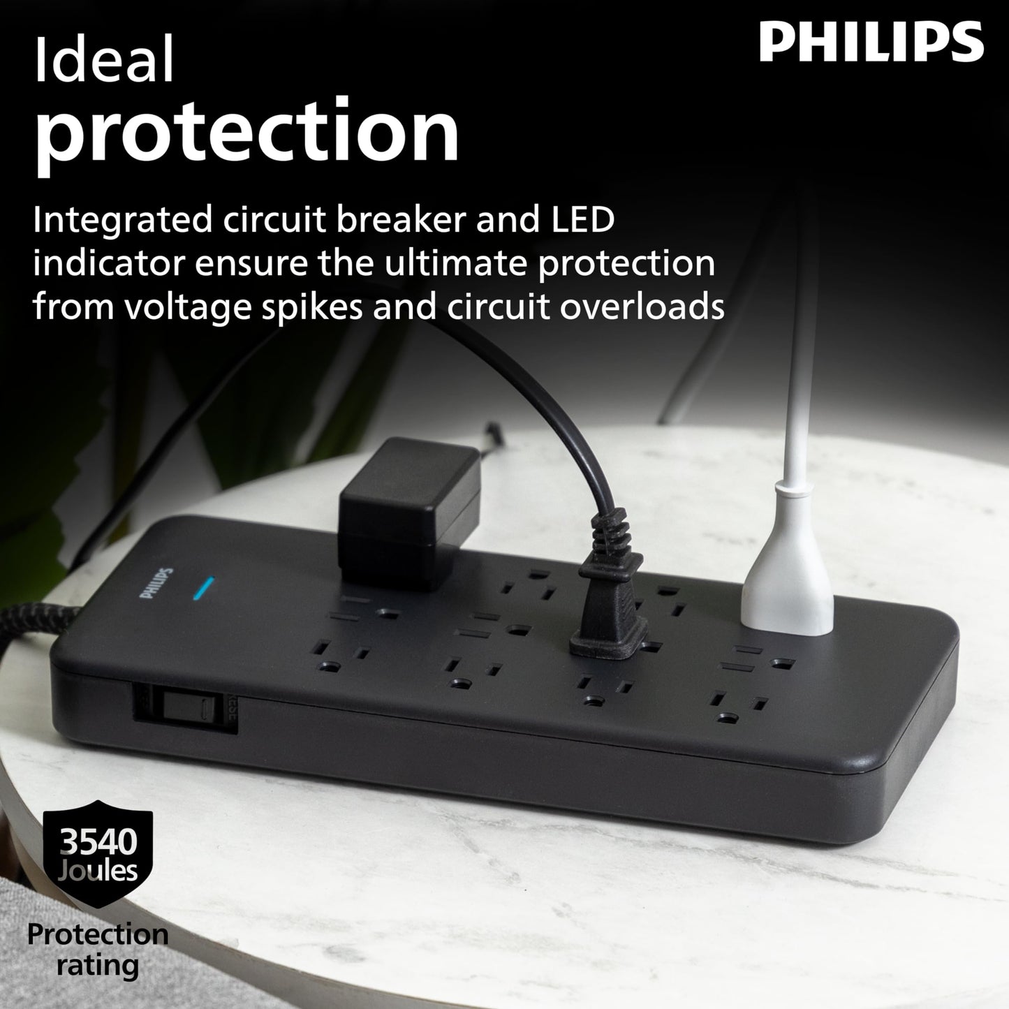Philips 12-Outlet Surge Protector Power Strip, 6ft Braided Extension Cord, 3500 Joules, Multi Plug Outlet Extender, Adapter-Spaced, Black, SPP3813B/37