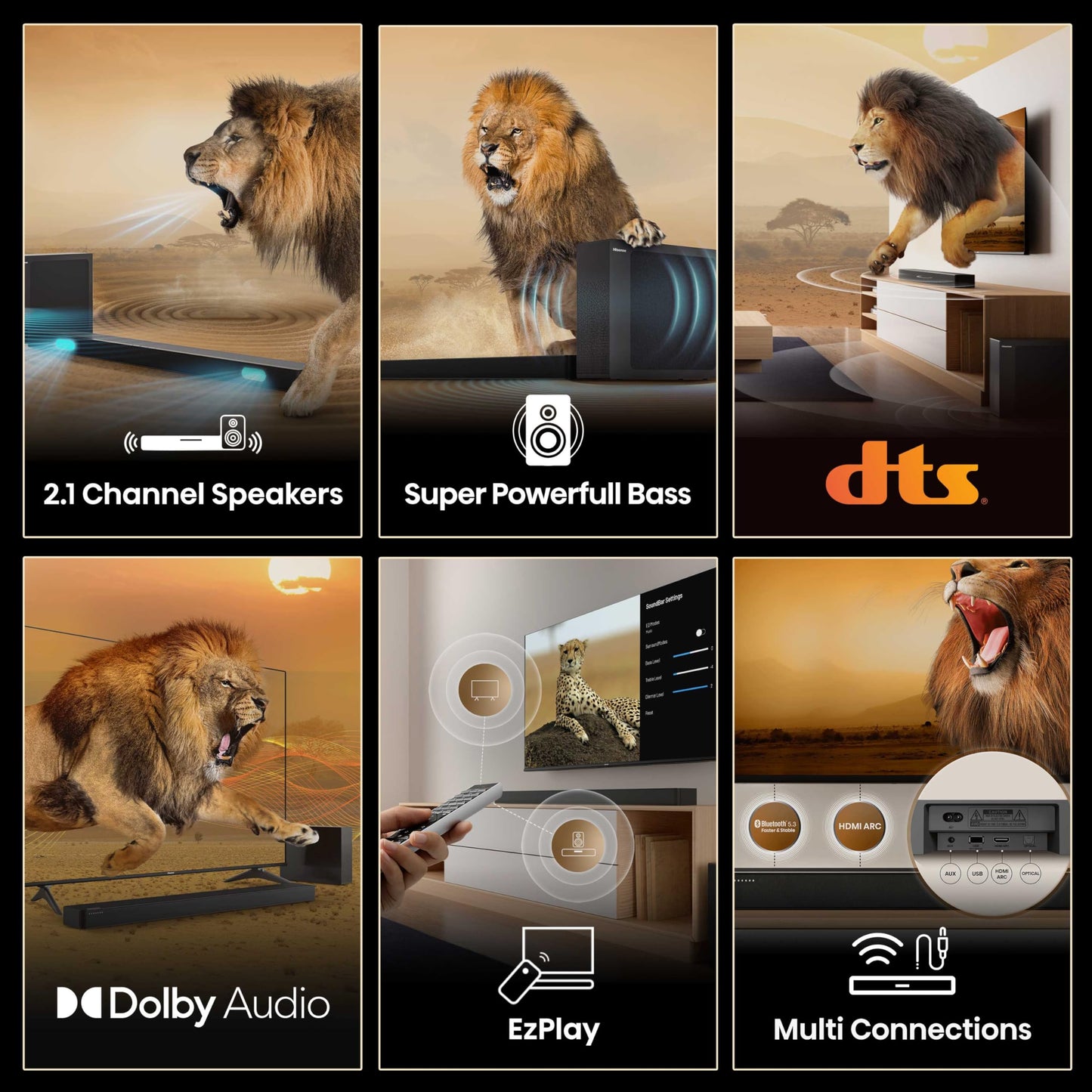 Hisense HS2100 2.1 Ch 240W Sound Bar with Wireless Subwoofer - DTS Virtual X, Dolby Audio, Ezplay, 6 EQ Modes, HDMI ARC, Bluetooth 5.3
