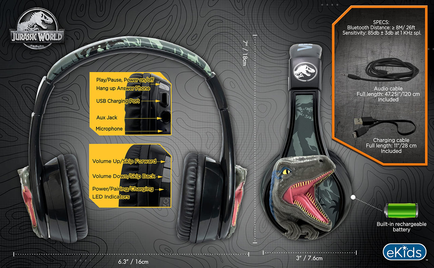 Jurassic World Bluetooth Headphones for Kids, Wireless Headphones