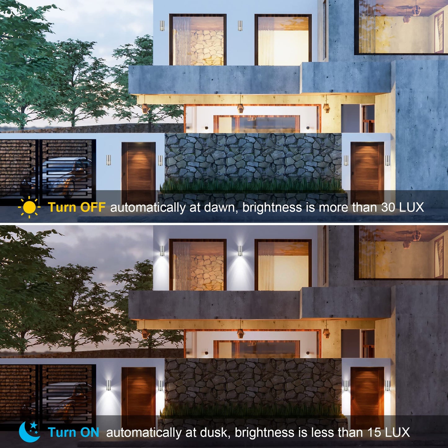 Outdoor Wall Lights, Exterior Dusk to Dawn Sensor Wall Lanterns, Stainless Steel Front Door Lights with E26 Base Socket, Anti-Rust Waterproof Up Down
