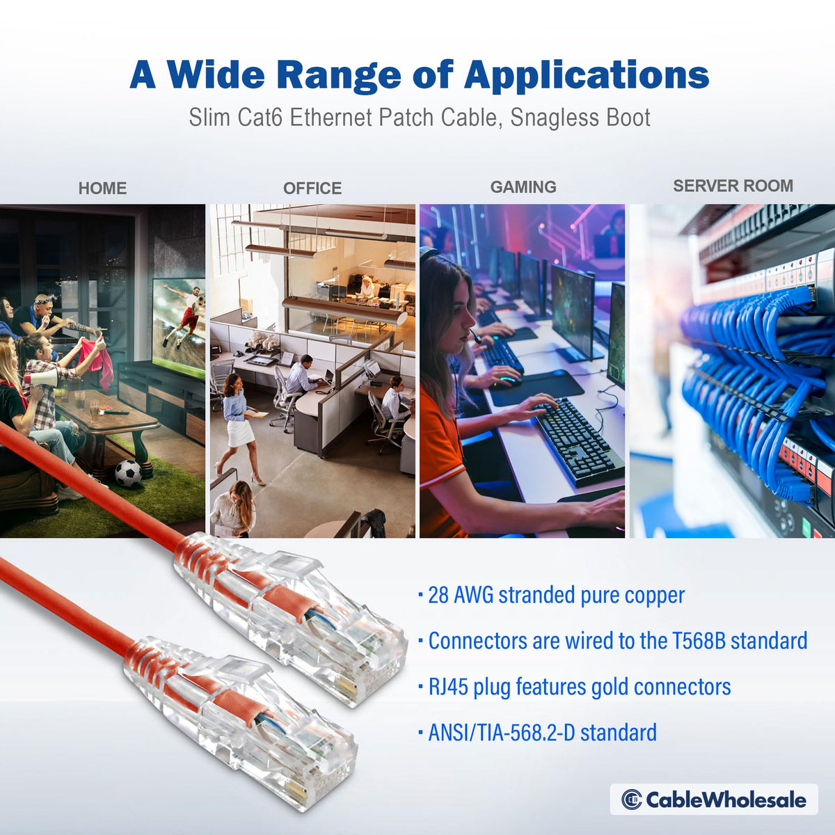 CableWholesale Cat6 Slim UTP Ethernet Cable, 28 AWG, PoE+, 20 ft, Red