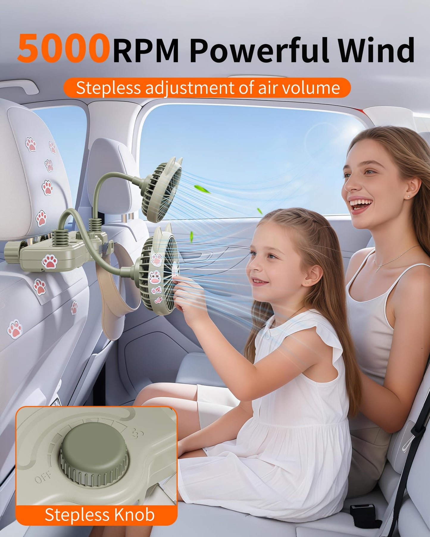 xuenair Dual 360 Hose Battery Powered Fan for Car Back Seat, 2 Storage Hook