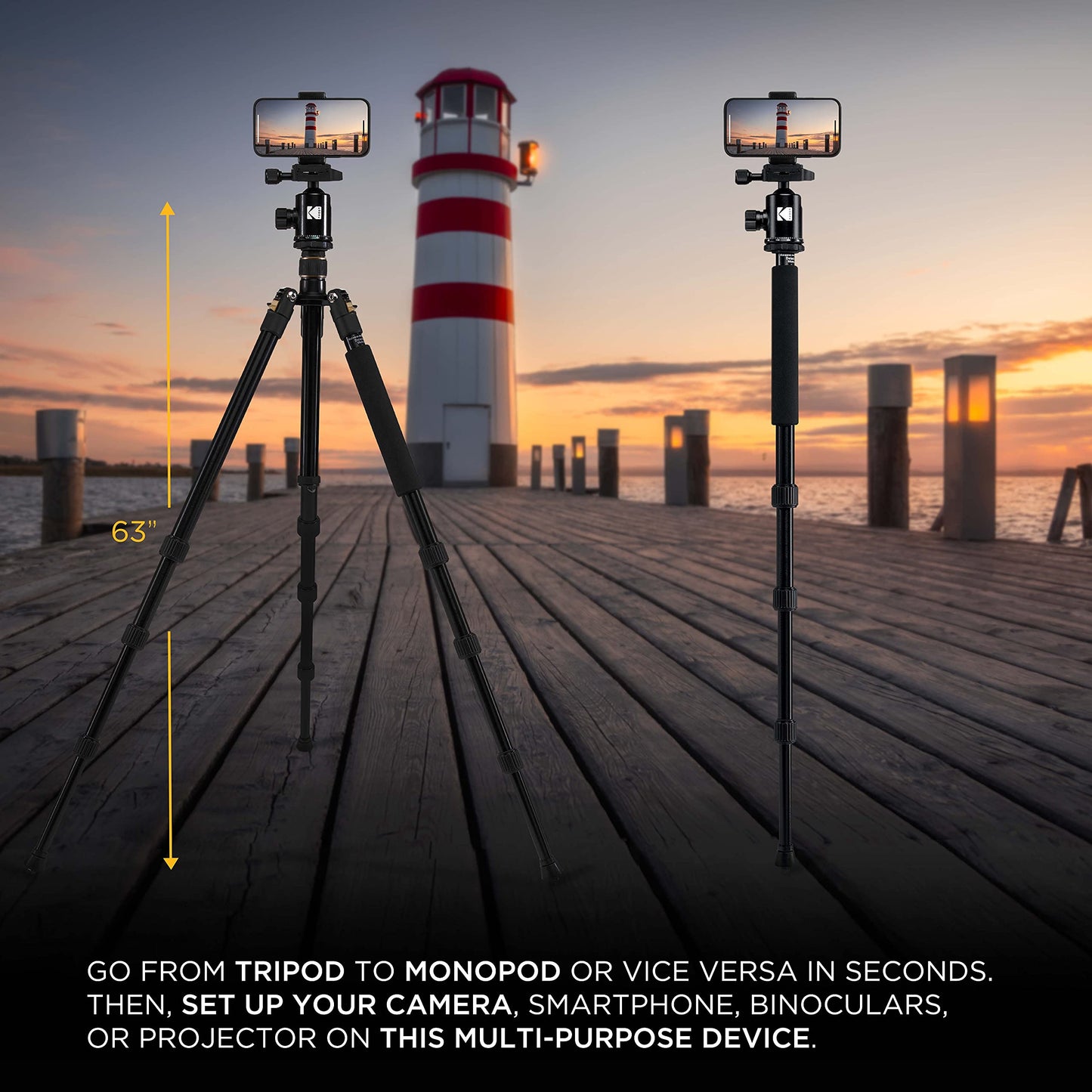 Kodak Photo Gear 63” Tripod & Monopod with 360° Ball Head | Premium Professional 2-in-1 Aluminum Camera Stand with Bluetooth Remote Control