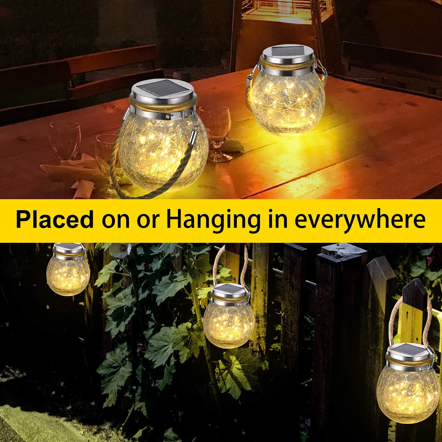 ivSunTEK Solar Hanging Lanterns Outdoor Waterproof, Decorative Cracked Glass Jar Table Lamp with 30 LED Warm White Lights for Garden Tree Courtyard