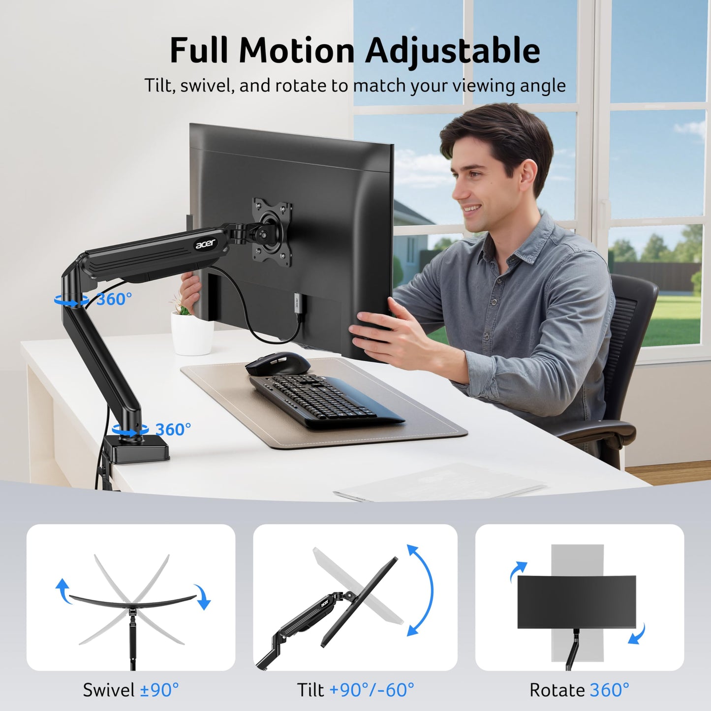 Acer Single Monitor Mount, Fully Adjustable Monitor Arm Fits 17 to 34 Inch Screens, Gas Spring VESA Mount with C-Clamp & Grommet Base, Computer Desk